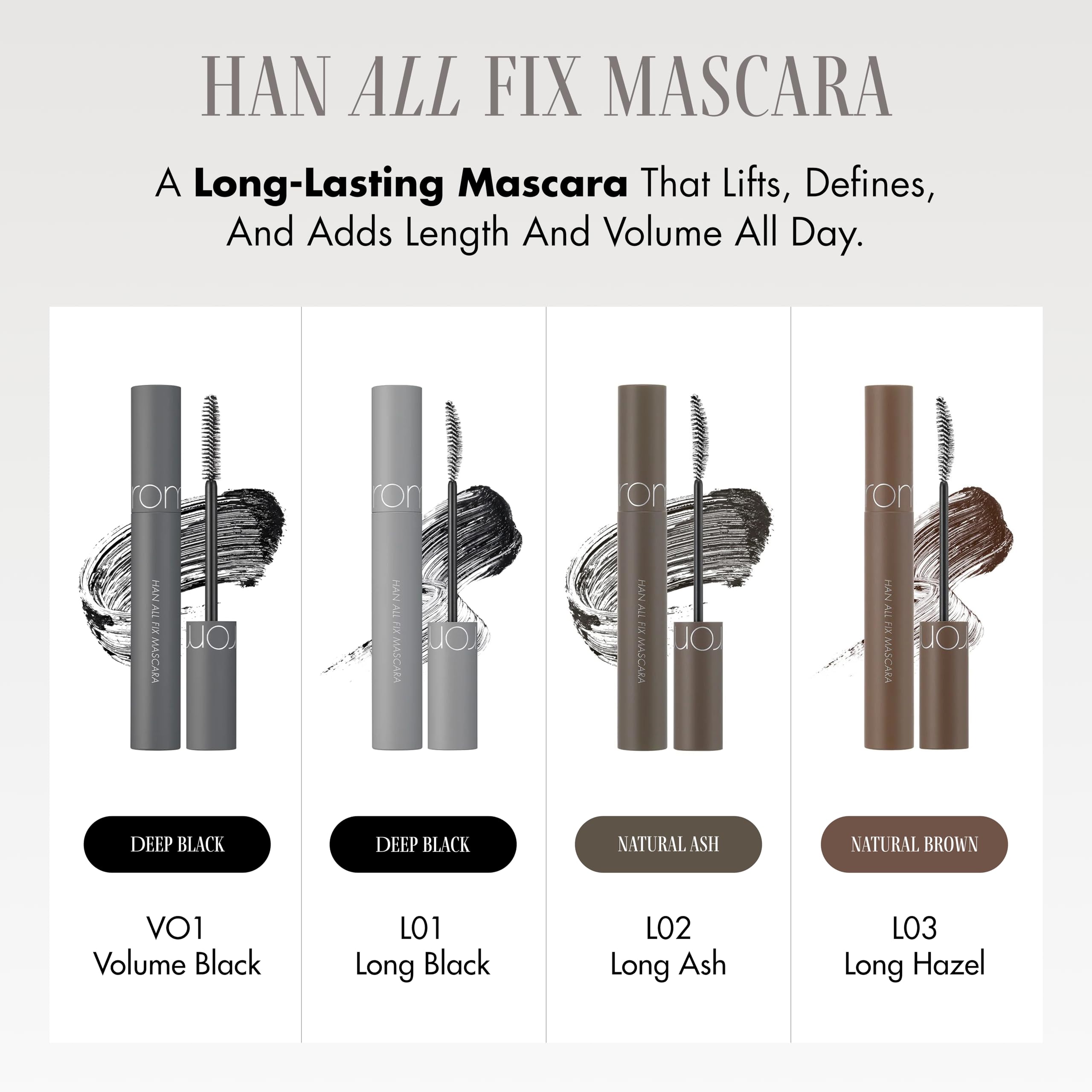 rom&nd Han All Fix Mascara next to ruler for size scale and travel-friendly portability benefit