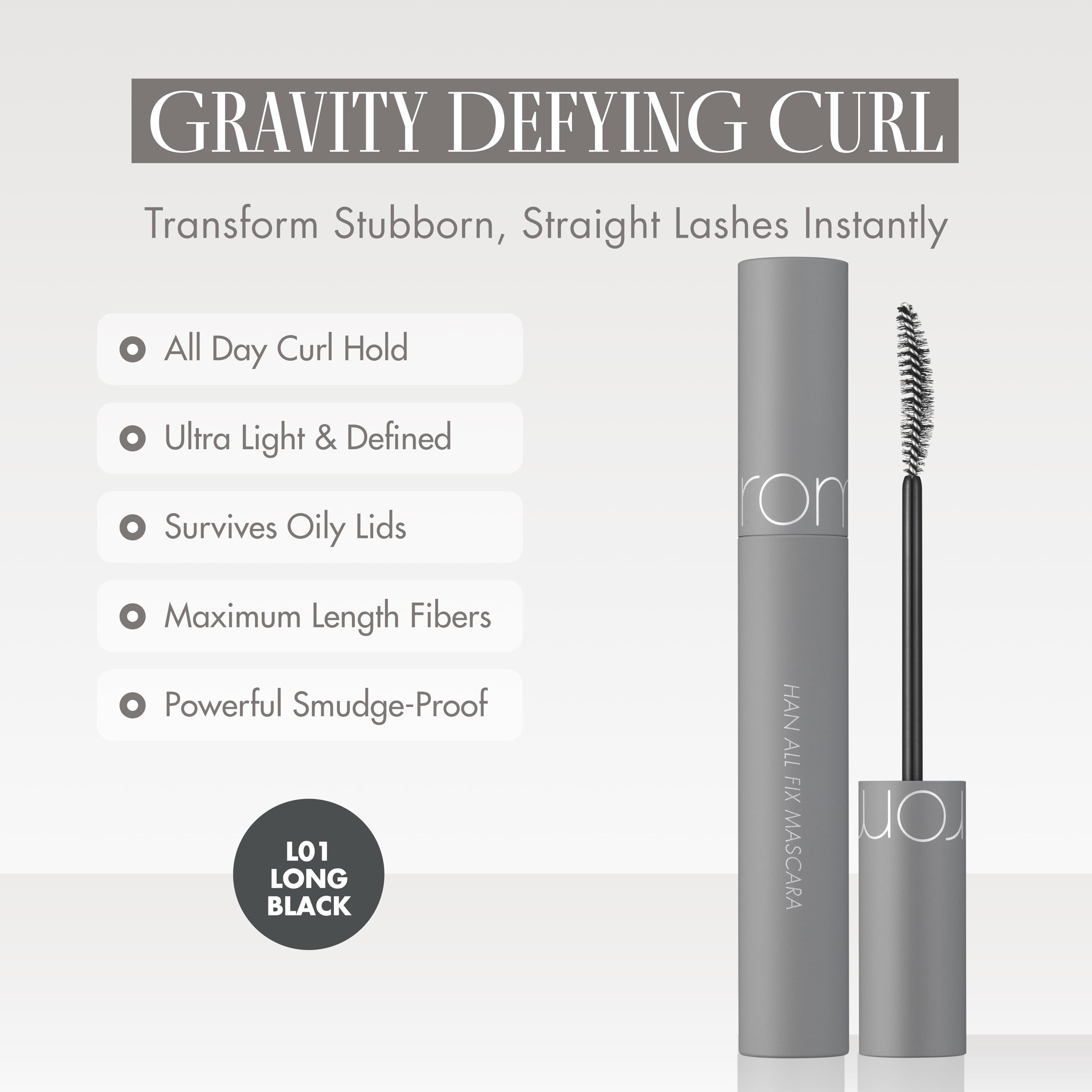 rom&nd Han All Fix Mascara wand closeup displaying fine bristles for separating and lengthening lashes