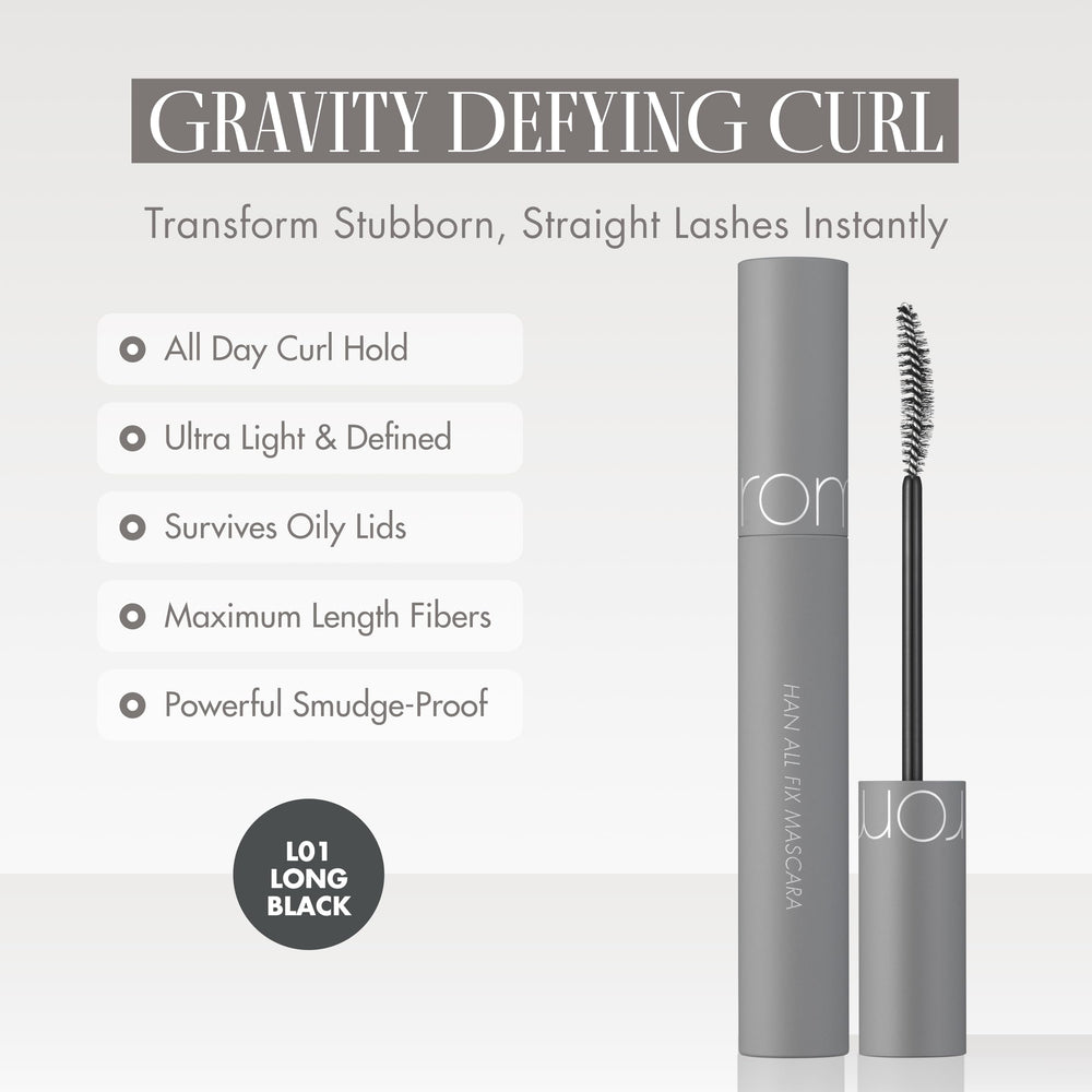 rom&nd Han All Fix Mascara wand closeup displaying fine bristles for separating and lengthening lashes