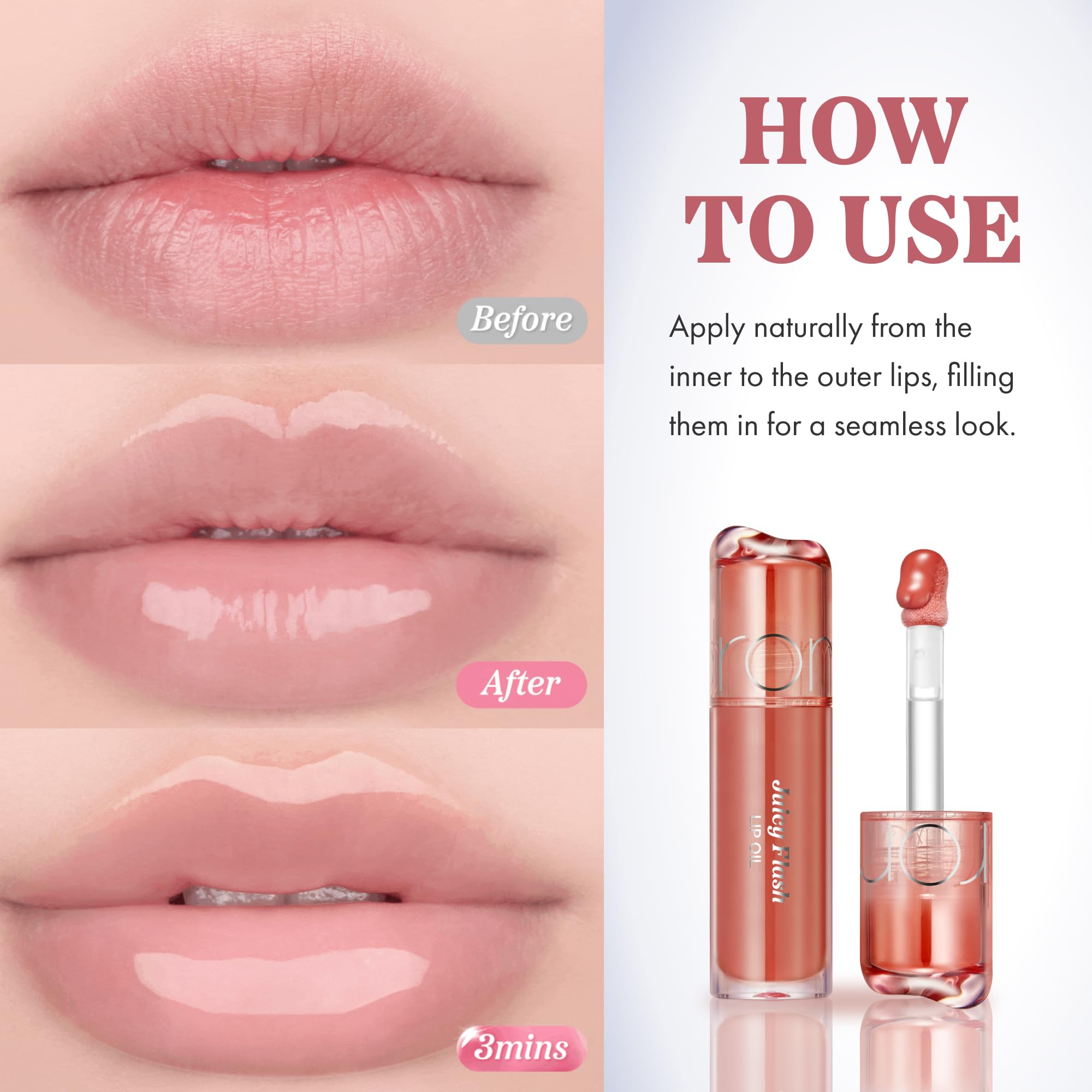 rom&nd model wearing Pear Beige lip oil showing plumped, shiny lips
