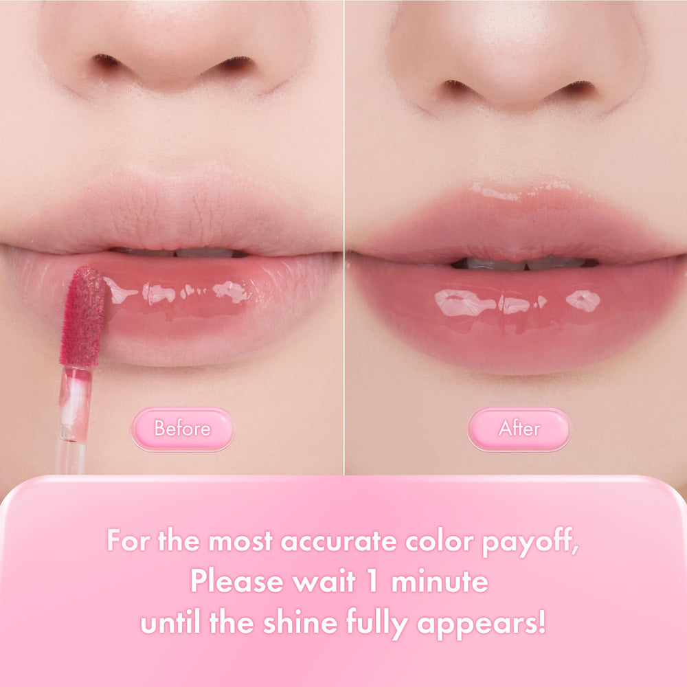 rom&nd worn on lips displaying warm rose color and juicy glow