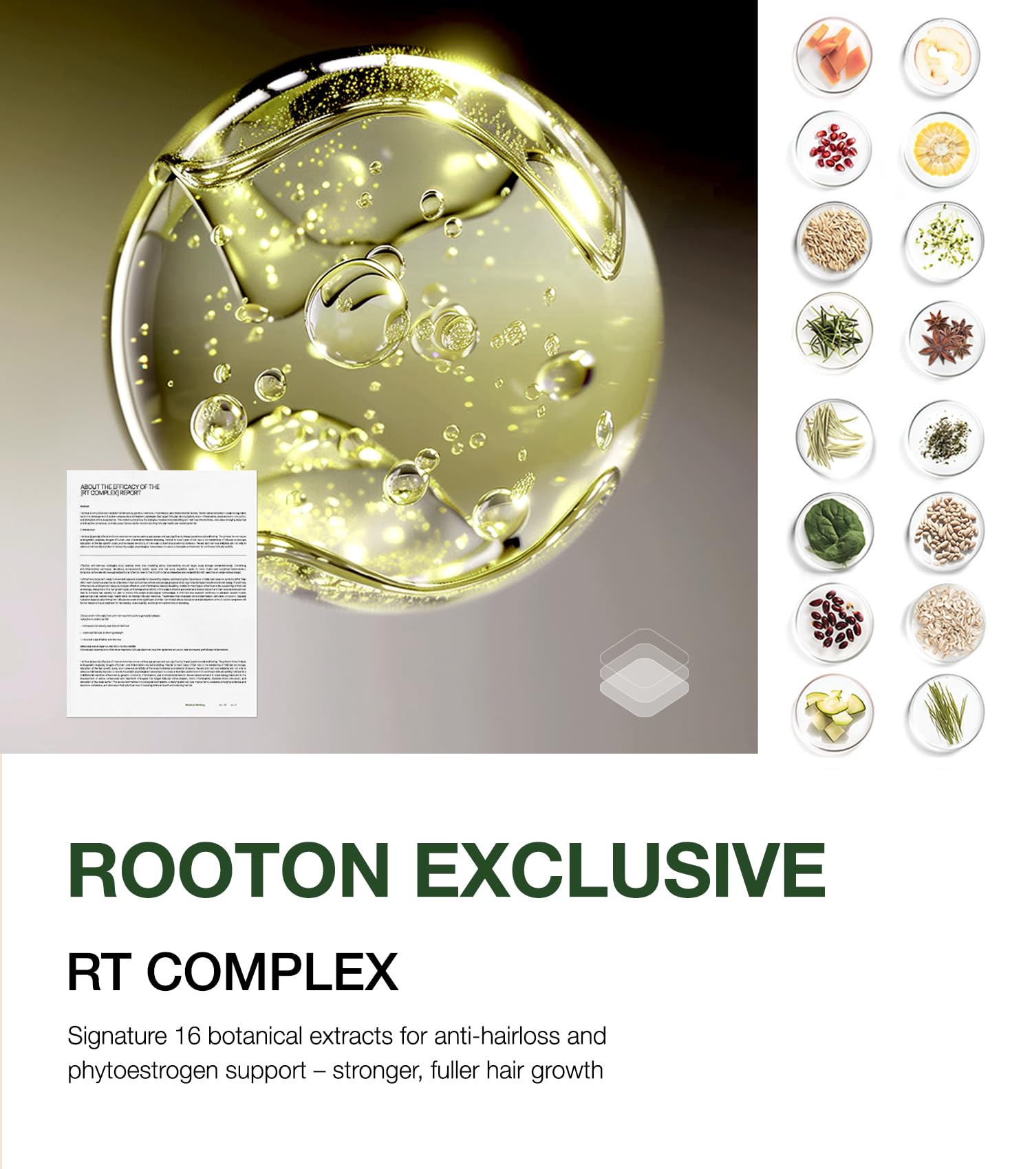 ROOTON serum being applied to scalp, showing targeted use and soothing effect