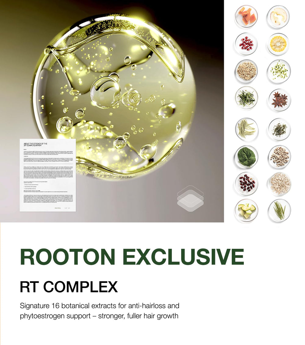 ROOTON serum being applied to scalp, showing targeted use and soothing effect