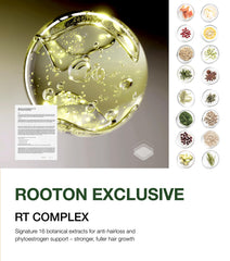 ROOTON serum being applied to scalp, showing targeted use and soothing effect
