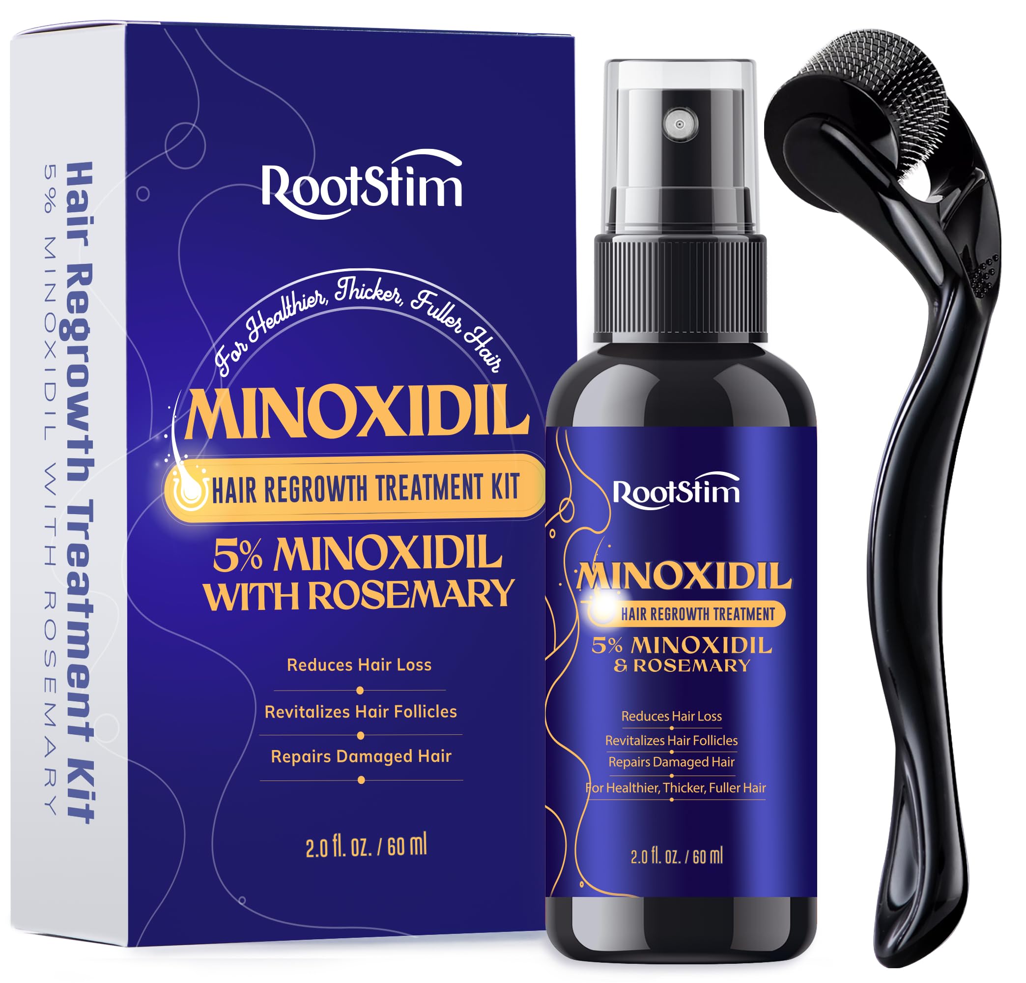 RootStim front packaging showing complete spray and roller kit, supports consistent routine