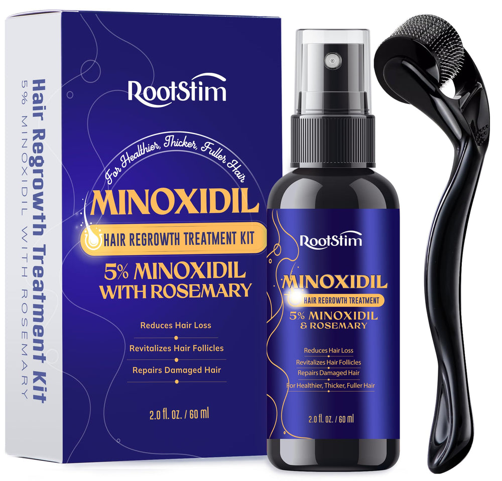RootStim front packaging showing complete spray and roller kit, supports consistent routine