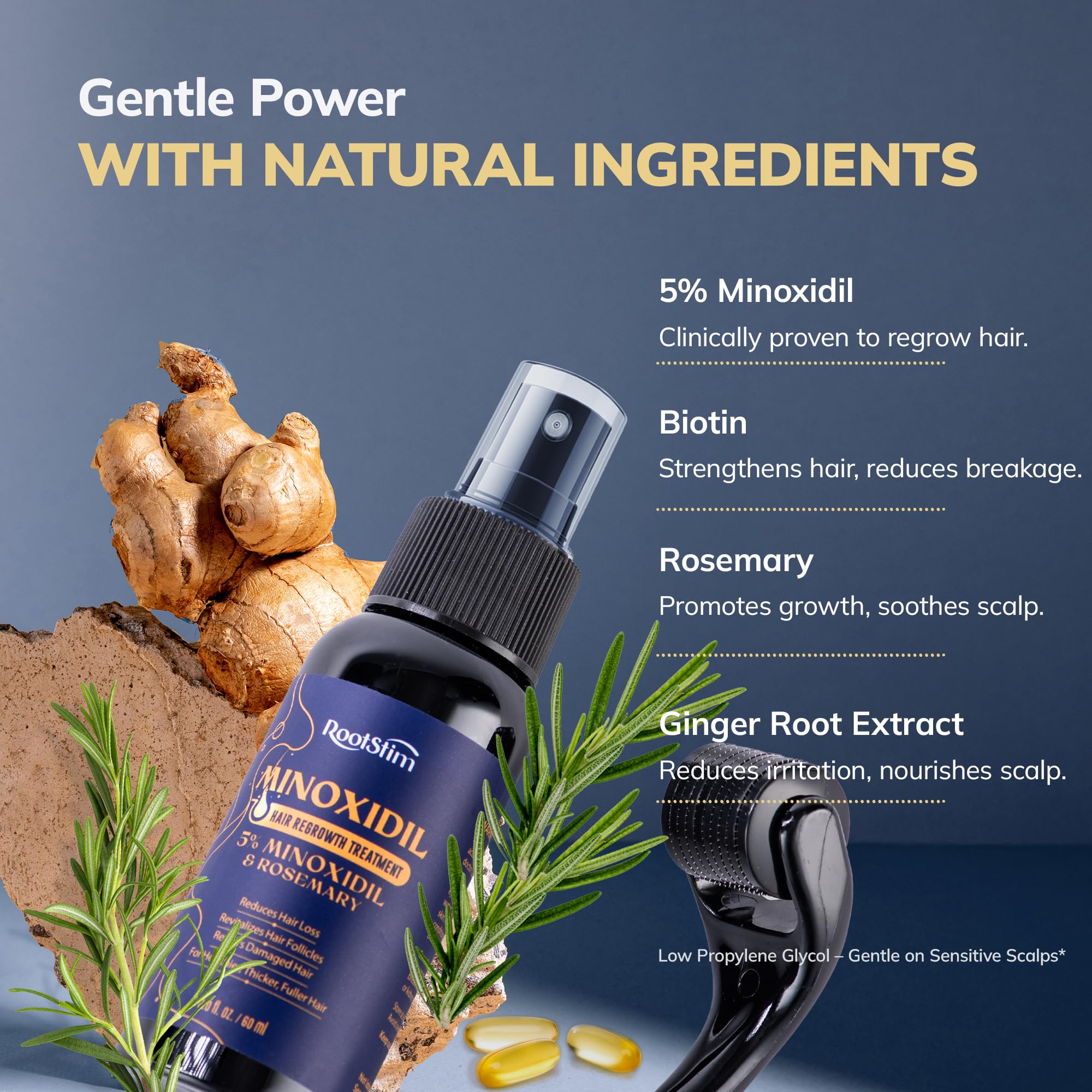 RootStim kit contents laid out to show spray, roller, and compact packaging benefits