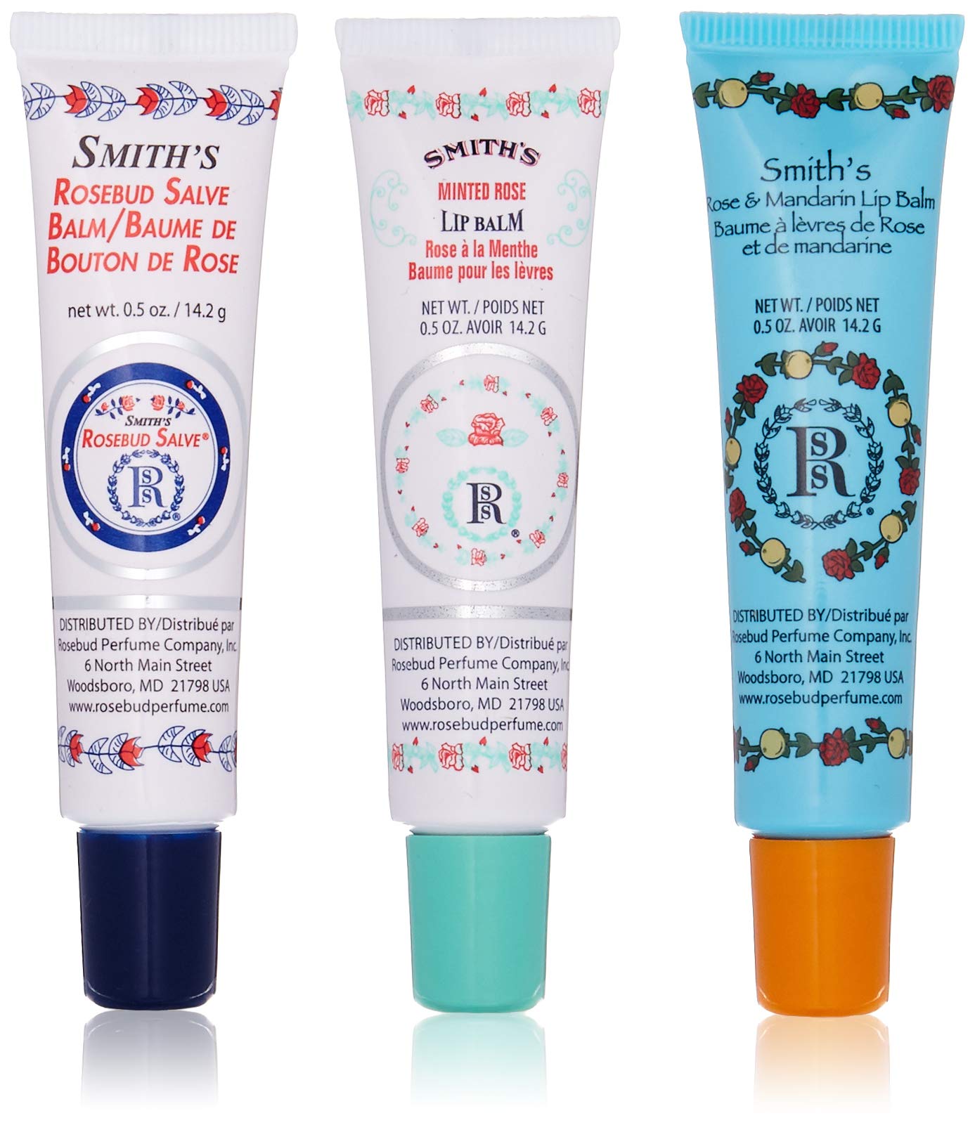ROSEBUD SALVE front packaging showing the trio of 0.5 oz lip balm tubes for easy portability