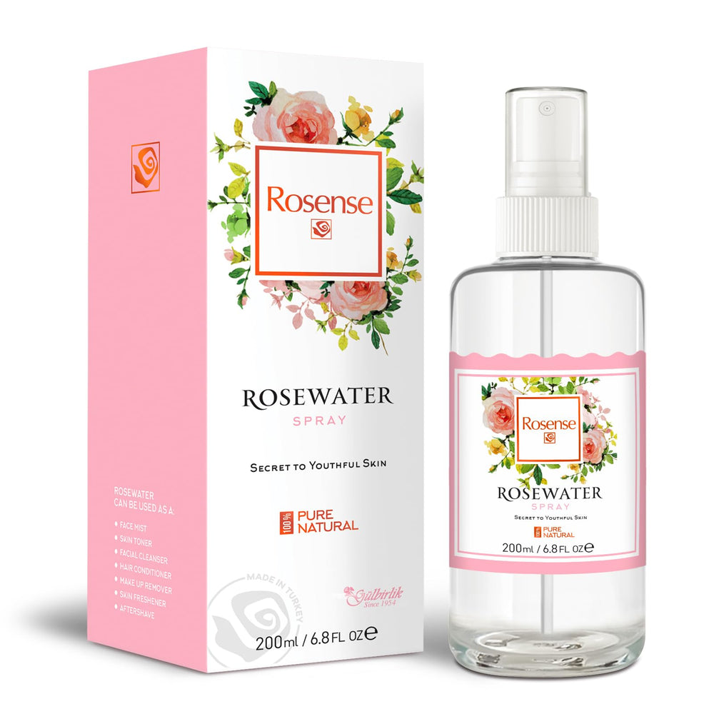 Rosense glass bottle front view showing clean rosewater packaging and purity benefit