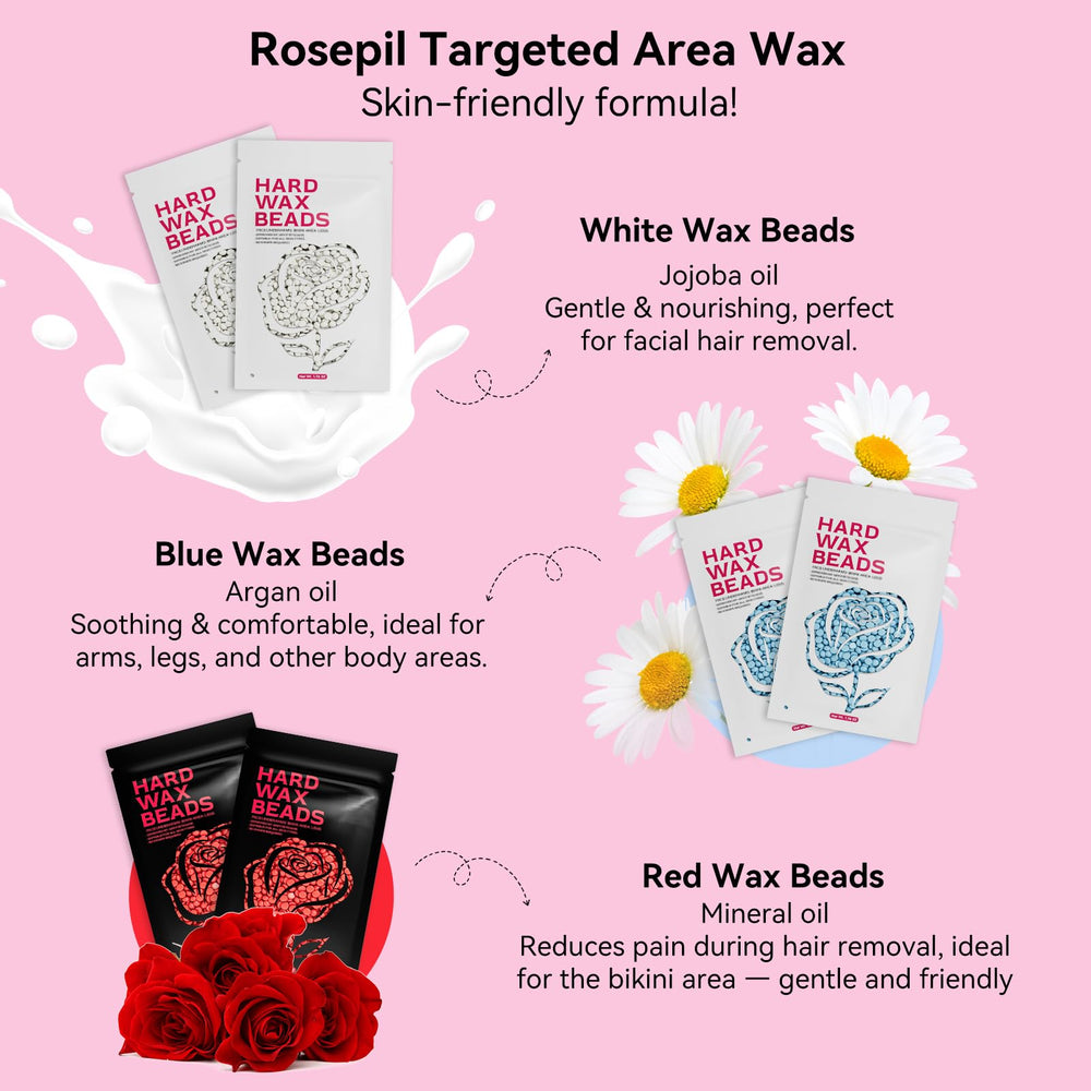 ROSEPIL waxing in use on leg demonstrating smooth body hair removal