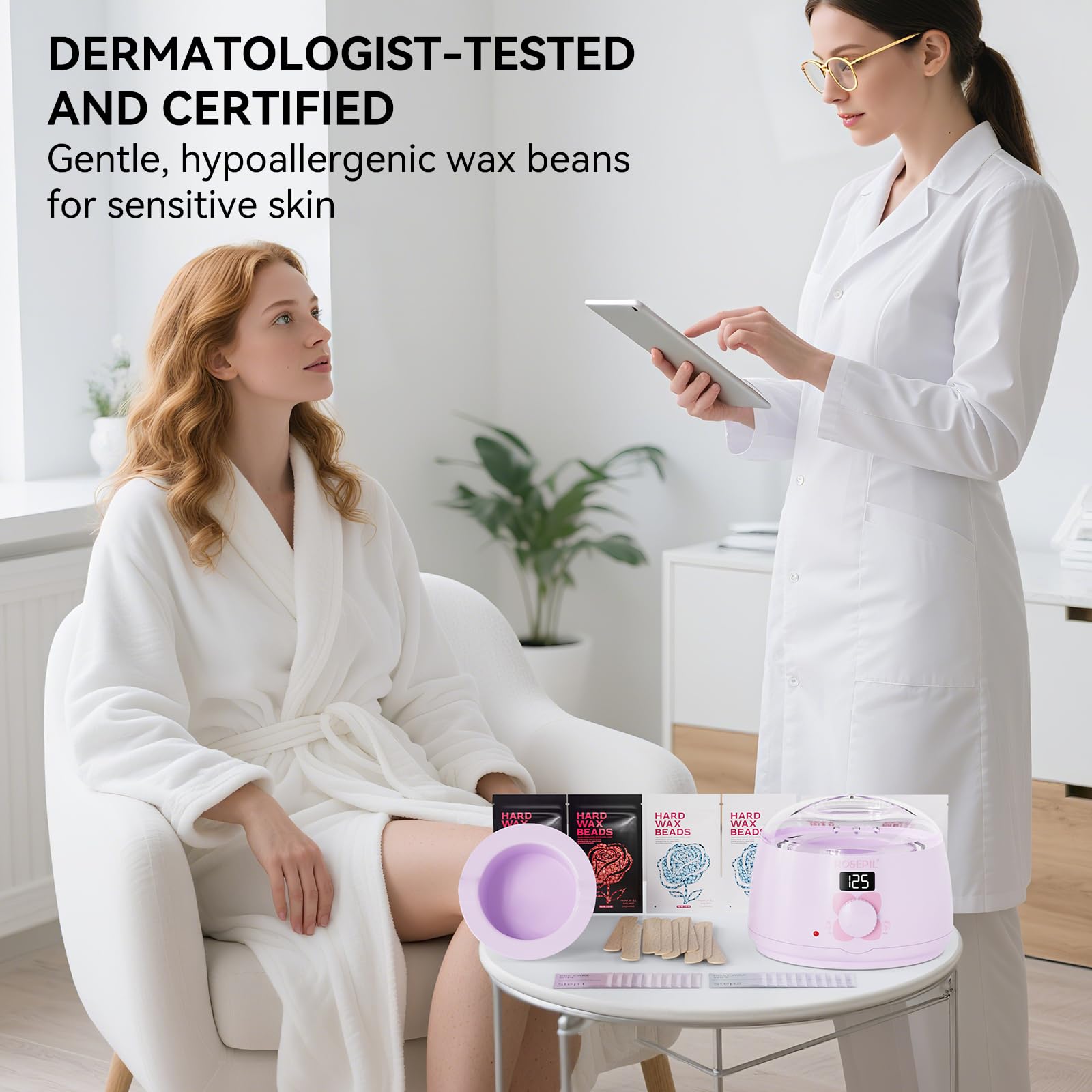 ROSEPIL packaging open to show all contents for convenient at-home waxing