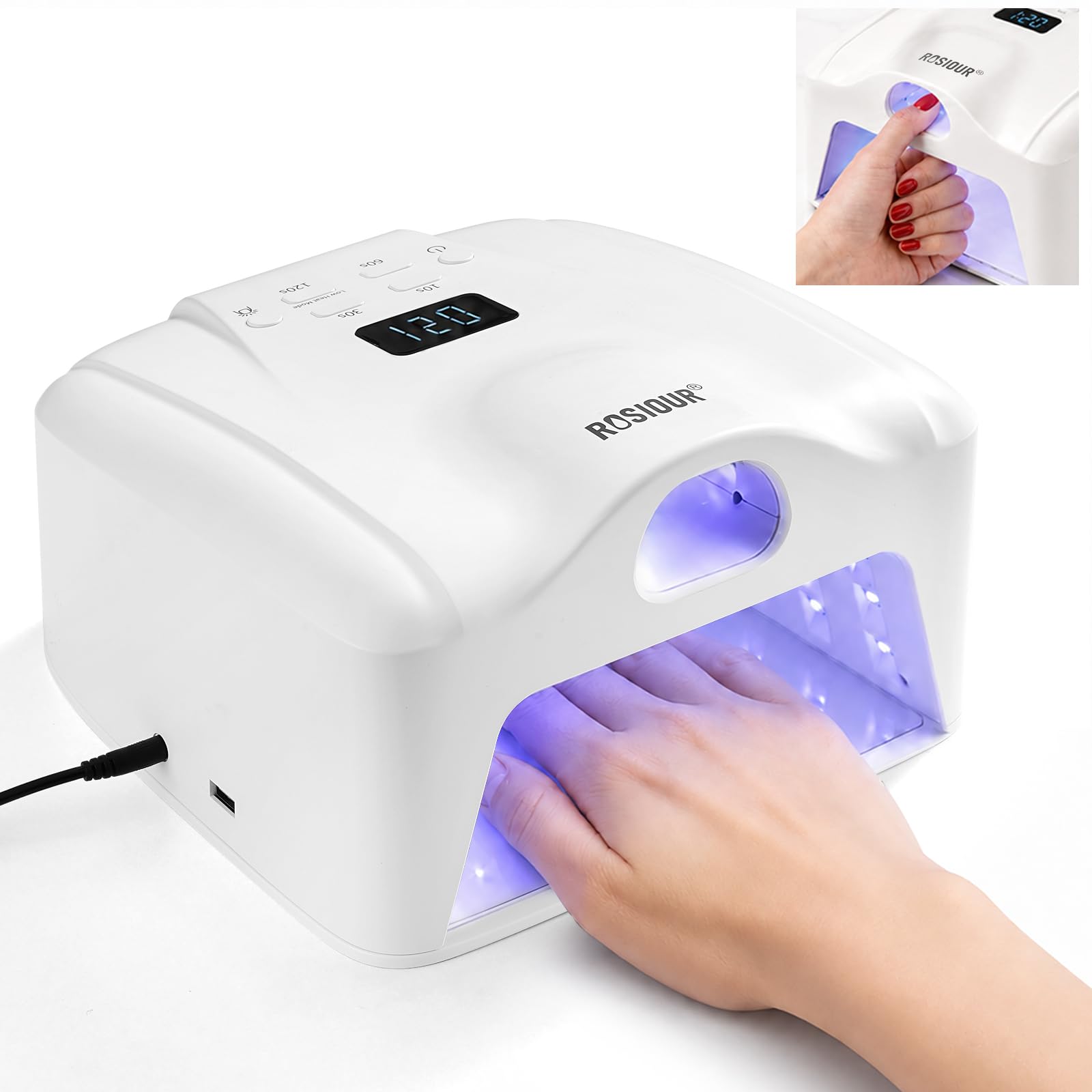 Rosiour lamp front view showing compact dual-port design and benefits