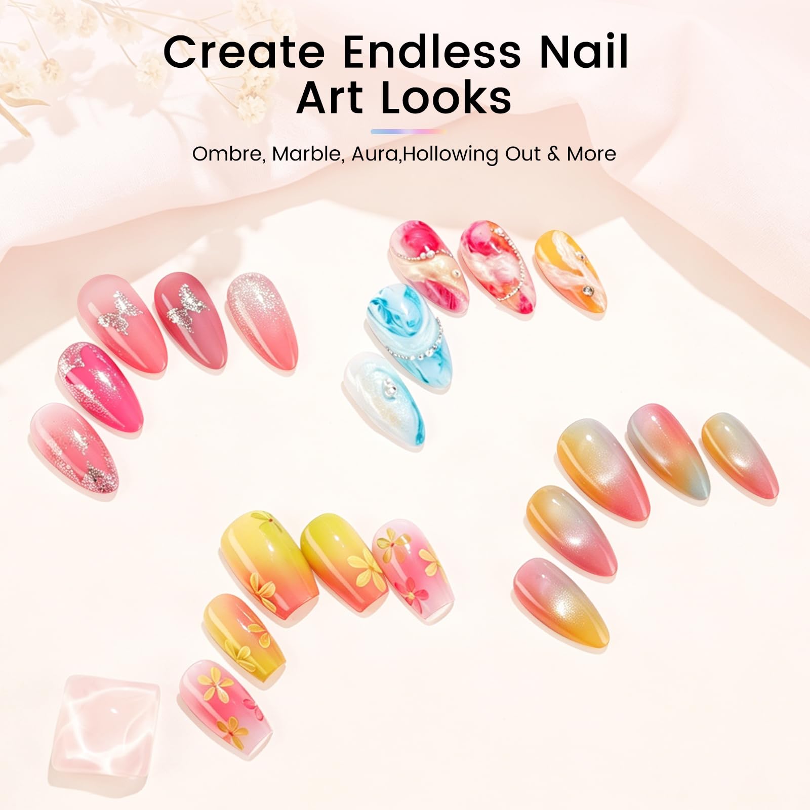 Rosiour swatches on nail tips illustrating ombre and gradient results