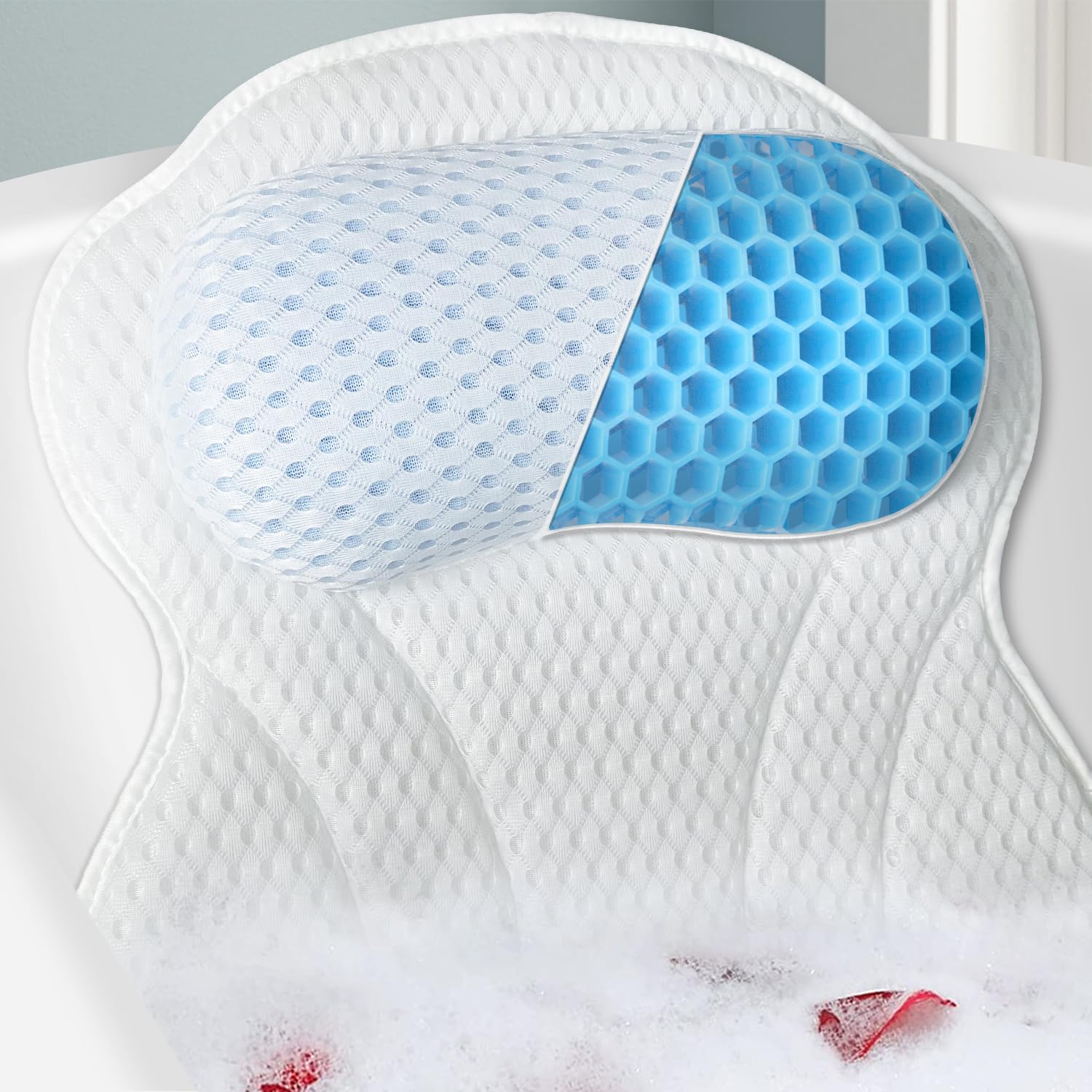 Roslim bathtub pillow front view showing ergonomic shape and relaxed support