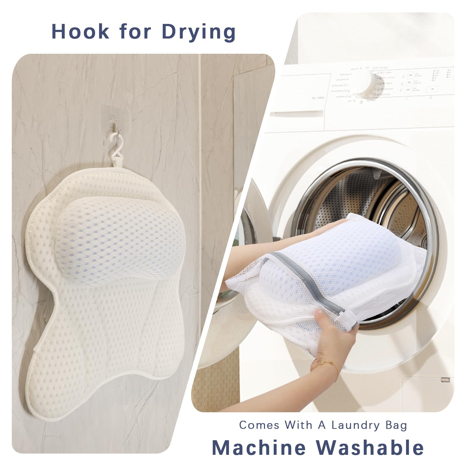 Roslim pillow hanging on hook after wash illustrating easy air-dry care