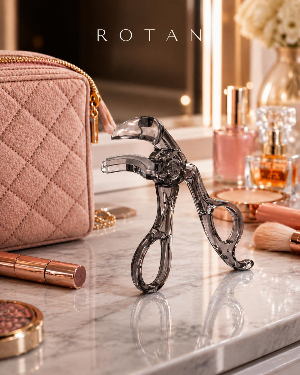 ROTAN inside a travel pouch highlighting portability and on-the-go touch-ups