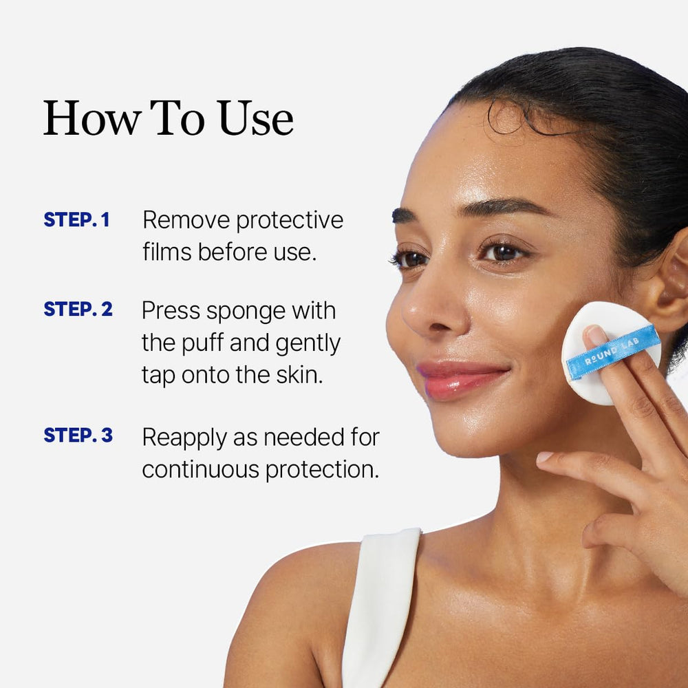 ROUND LAB compact in hand in lifestyle setting, portable sun care