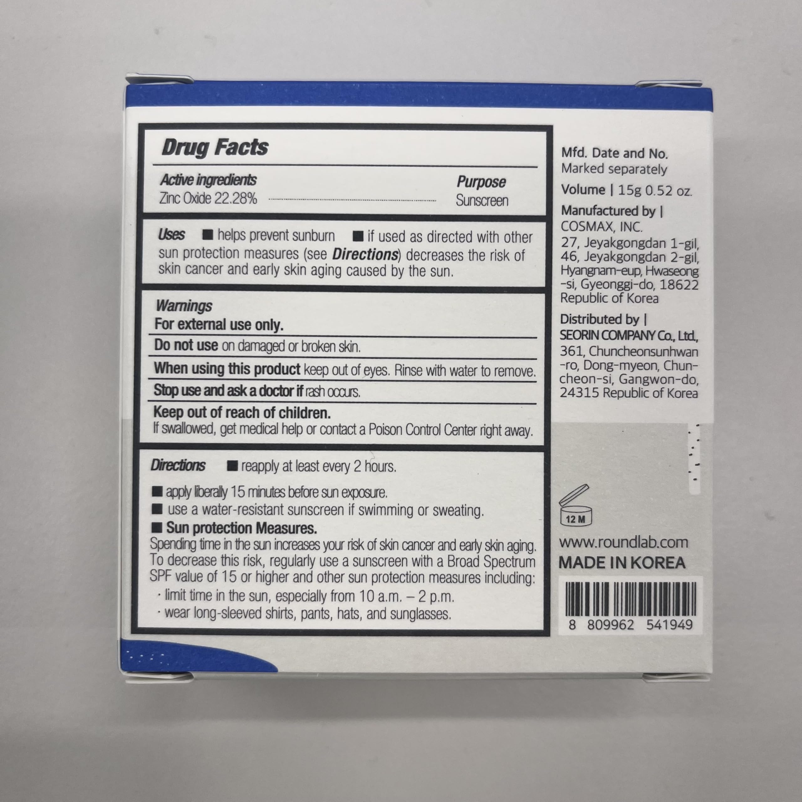 ROUND LAB label close-up showing SPF50+ and mineral UV details