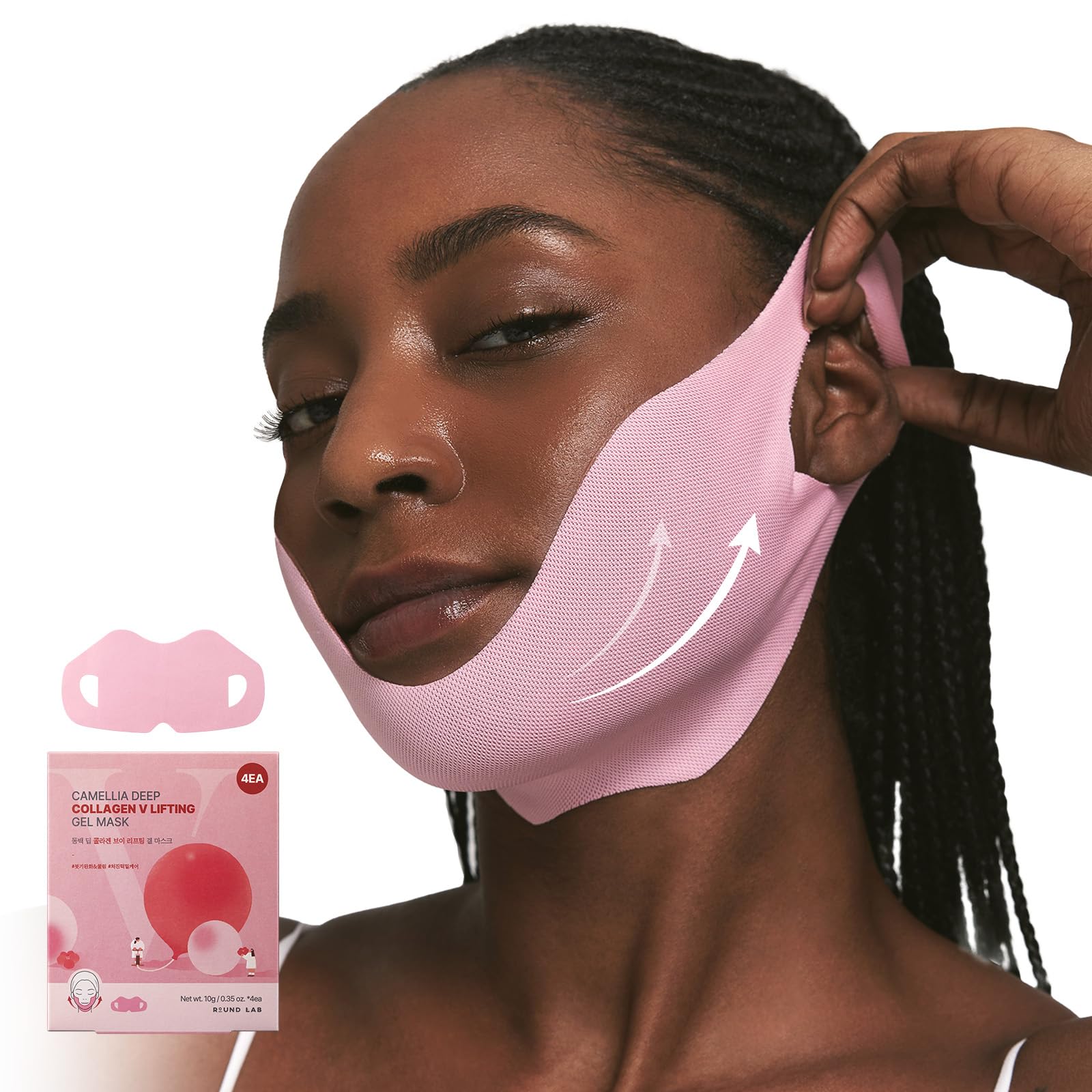 ROUND LAB front packaging showing four V lifting gel masks, clear benefits visible