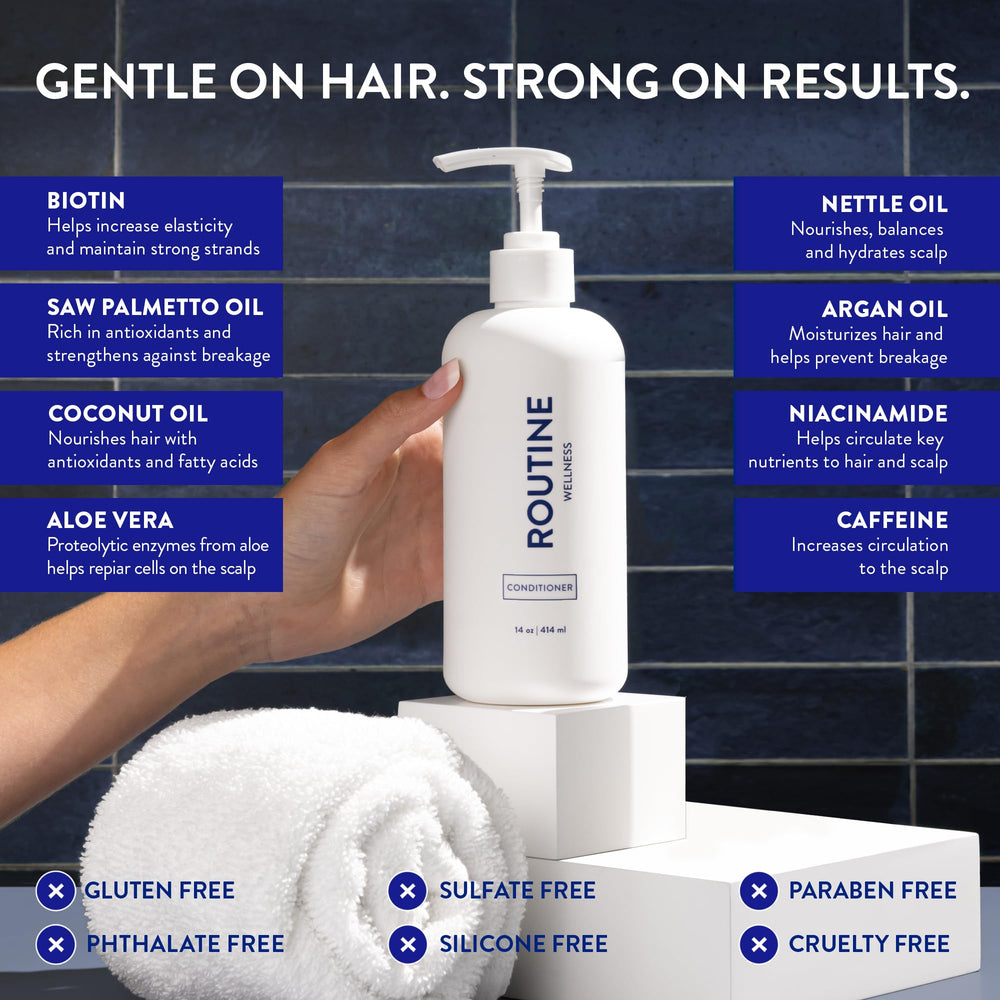 Routine Wellness applying conditioner in shower to mid-lengths, improving manageability and softness