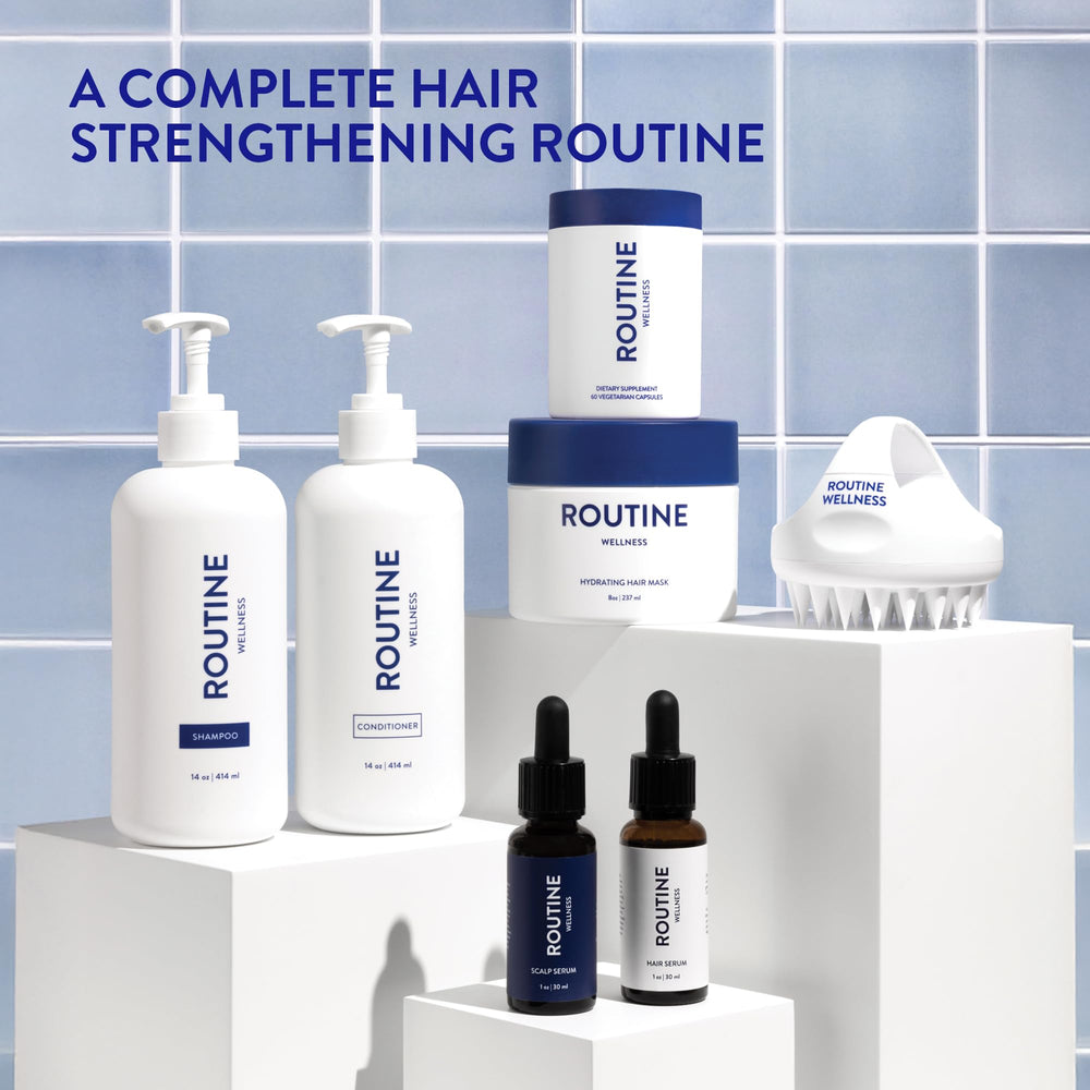 Routine Wellness bottle beside common object for size comparison and travel-friendly benefit