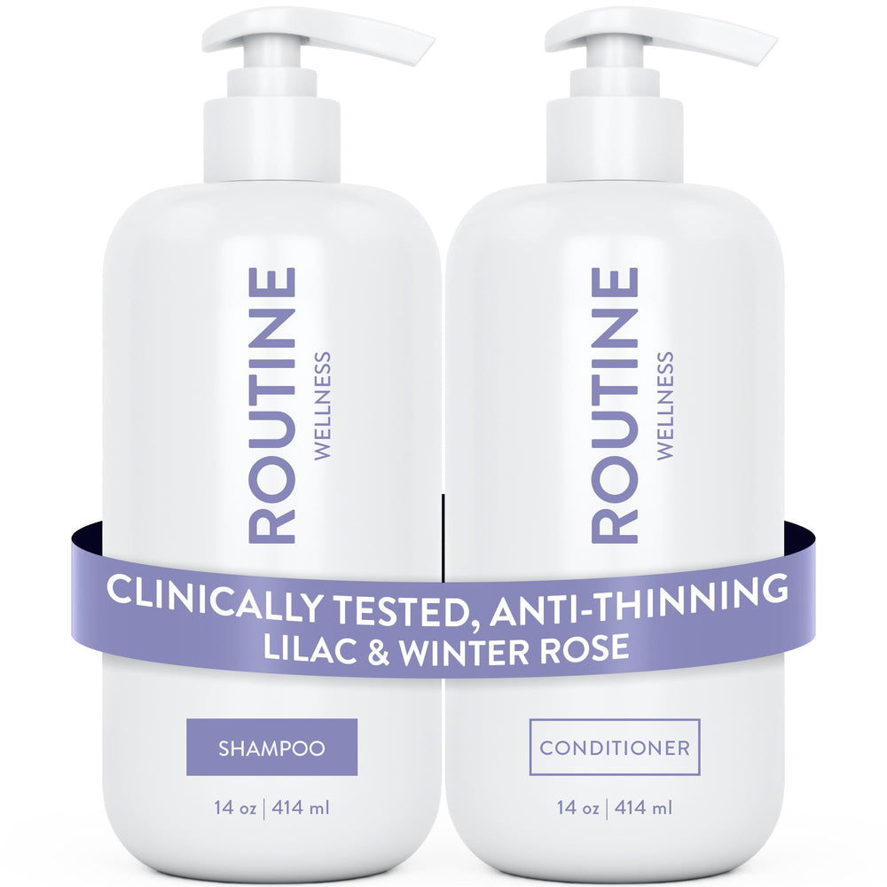Routine Wellness front pack shot showing volumizing duo and confident results