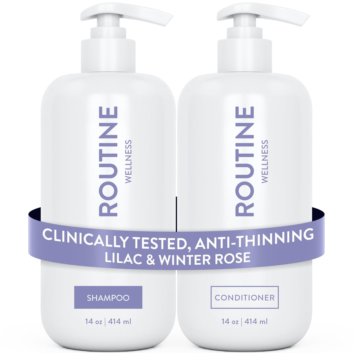 Routine Wellness front pack shot showing volumizing duo and confident results
