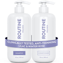 Routine Wellness front pack shot showing volumizing duo and confident results