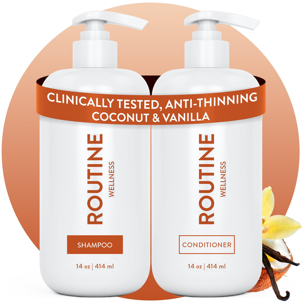 Routine Wellness front packaging shows the duo and promotes fuller-looking hair benefits