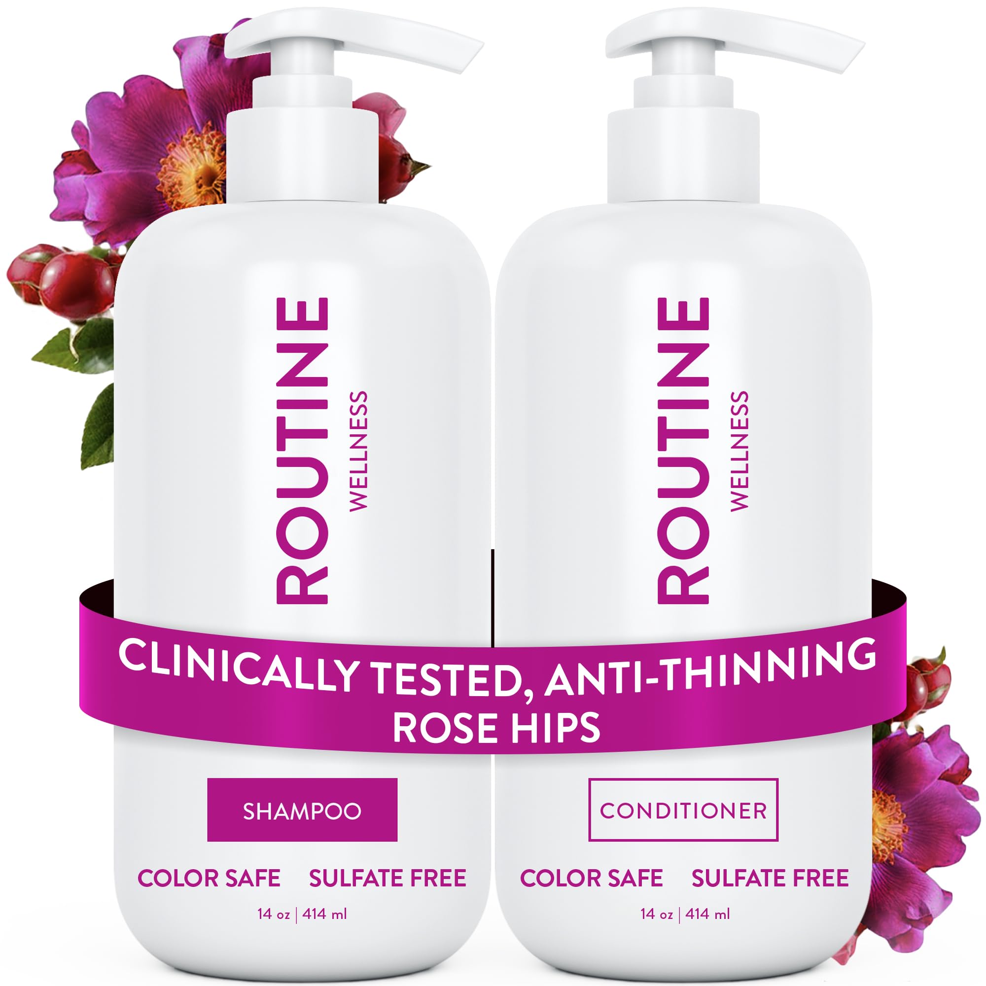 Routine Wellness front packaging of rose hips anti-thinning set showing product benefits