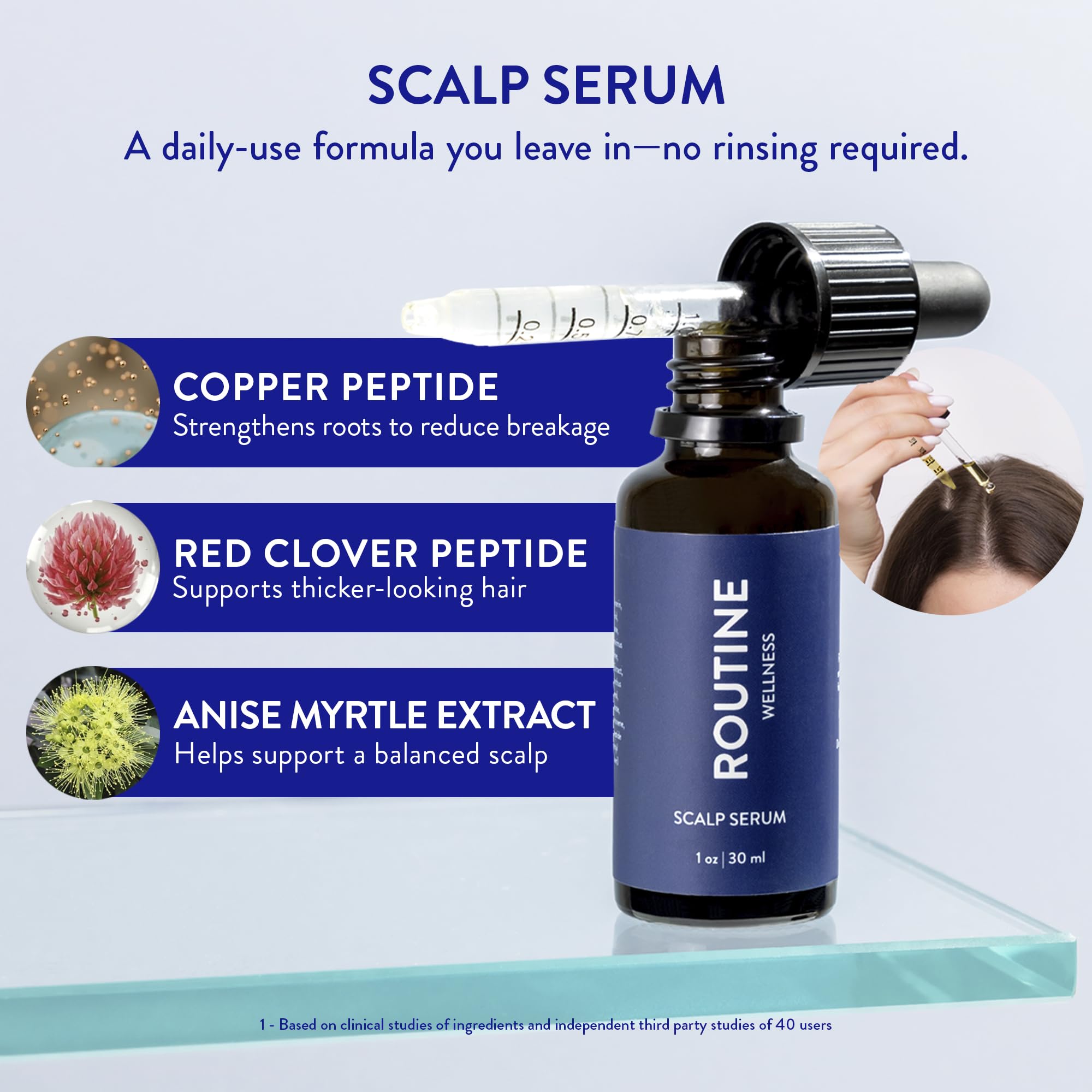 Routine Wellness close-up of serum texture absorbing fast to leave scalp balanced and non-greasy