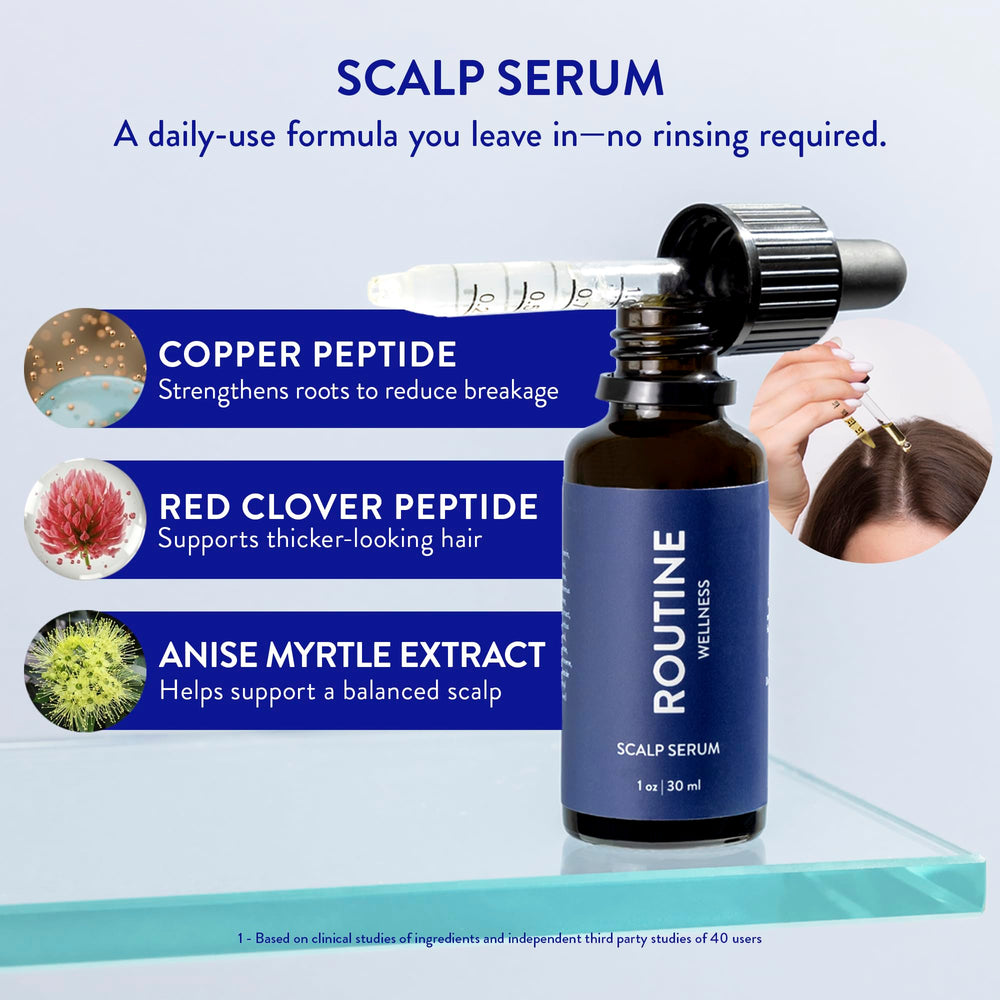 Routine Wellness close-up of serum texture absorbing fast to leave scalp balanced and non-greasy