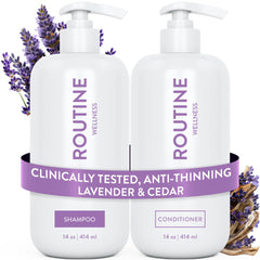 Routine Wellness front packaging showing volumizing shampoo and conditioner benefit