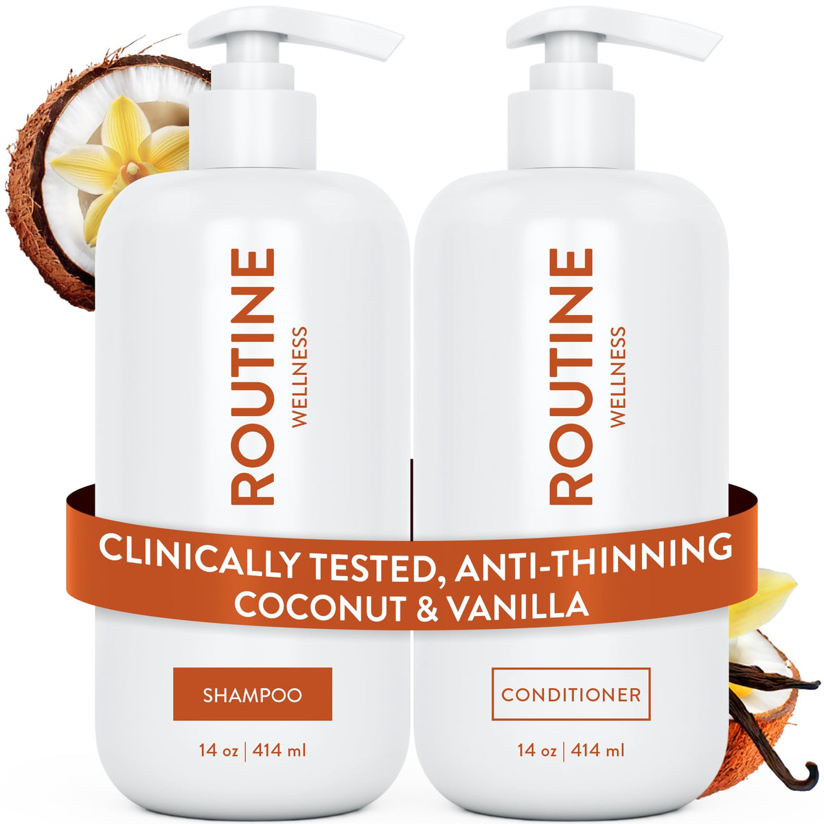 Routine Wellness front packaging showing vanilla coconut scent and volumizing promise