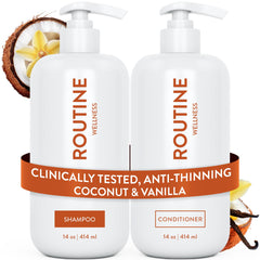 Routine Wellness front packaging showing vanilla coconut scent and volumizing promise