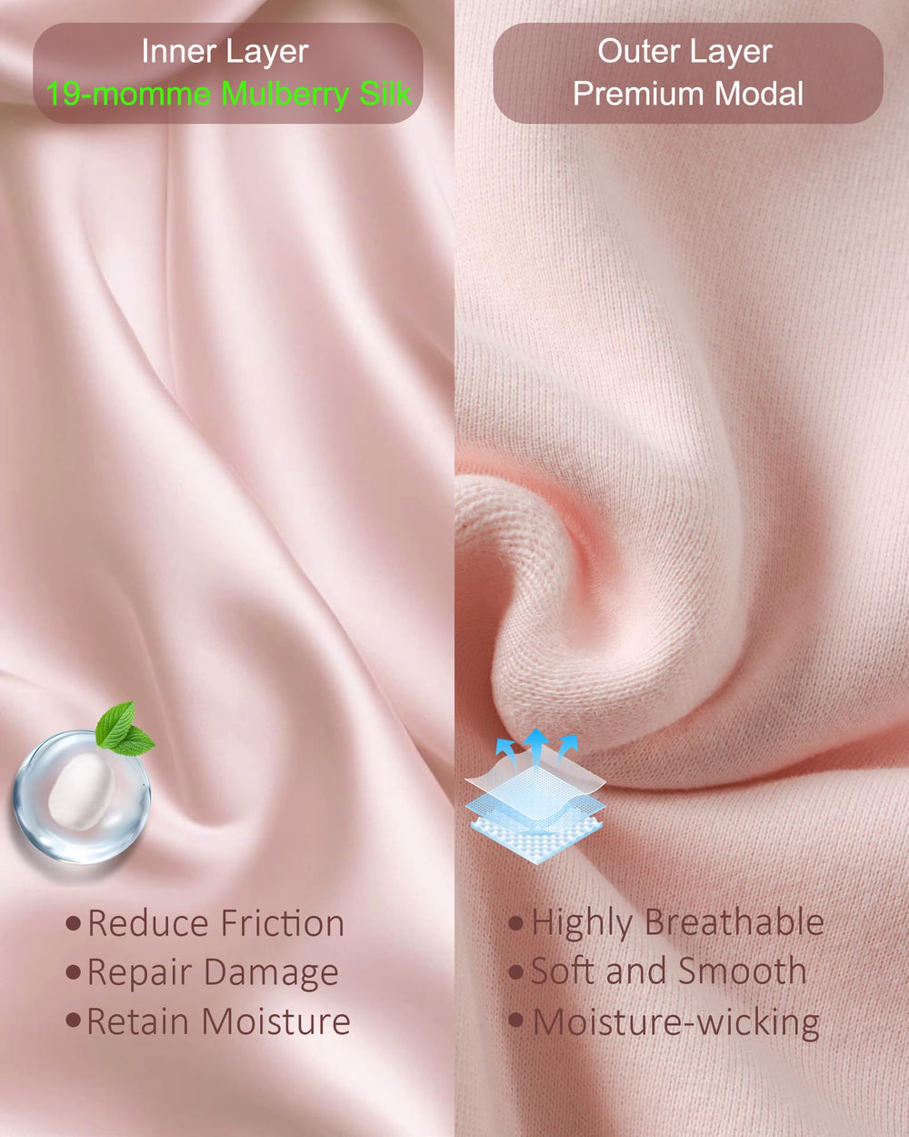 ROYBENS close-up of mulberry silk lining protecting hair moisture