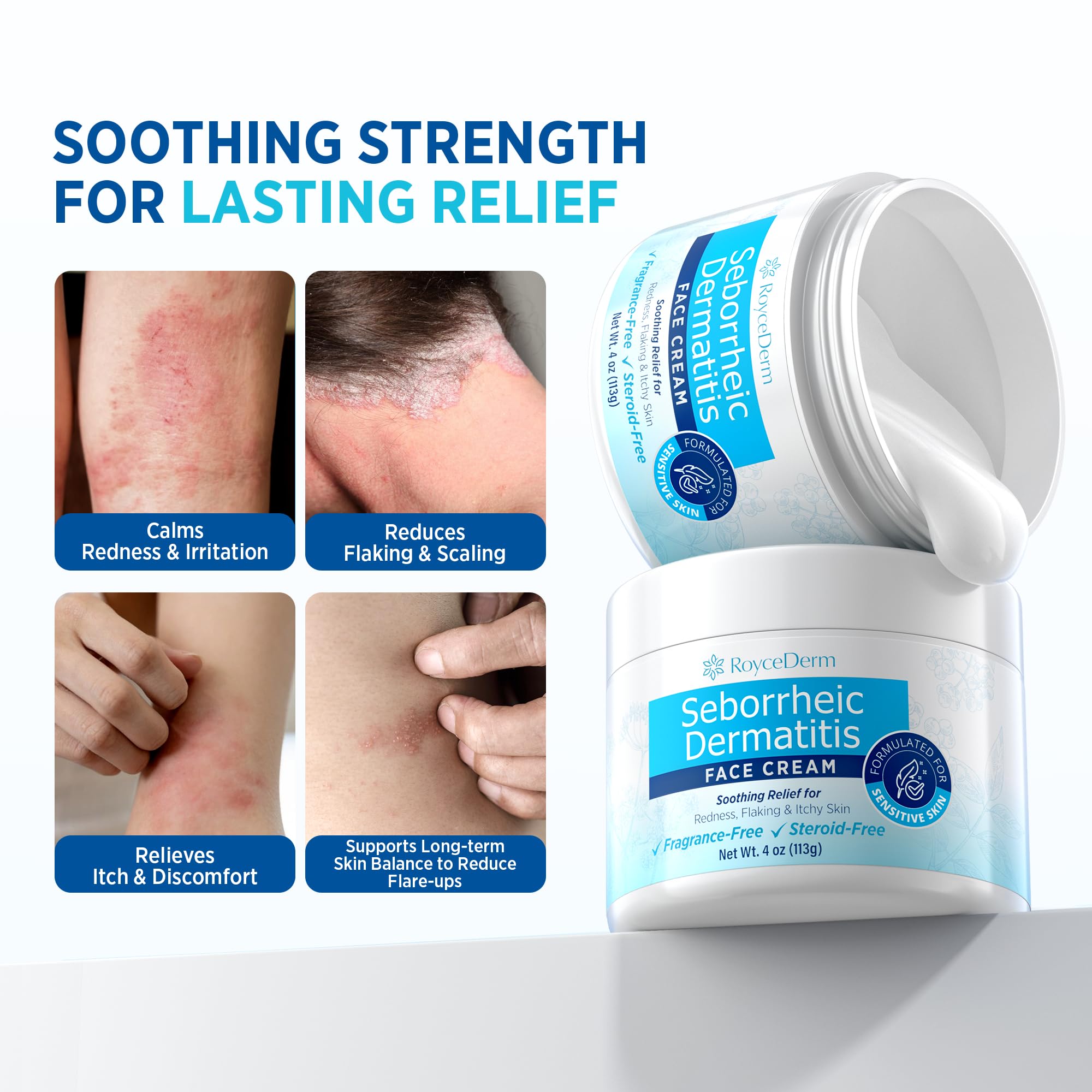 Roycederm applied to nose bridge illustrating reduced flaking and soothing comfort