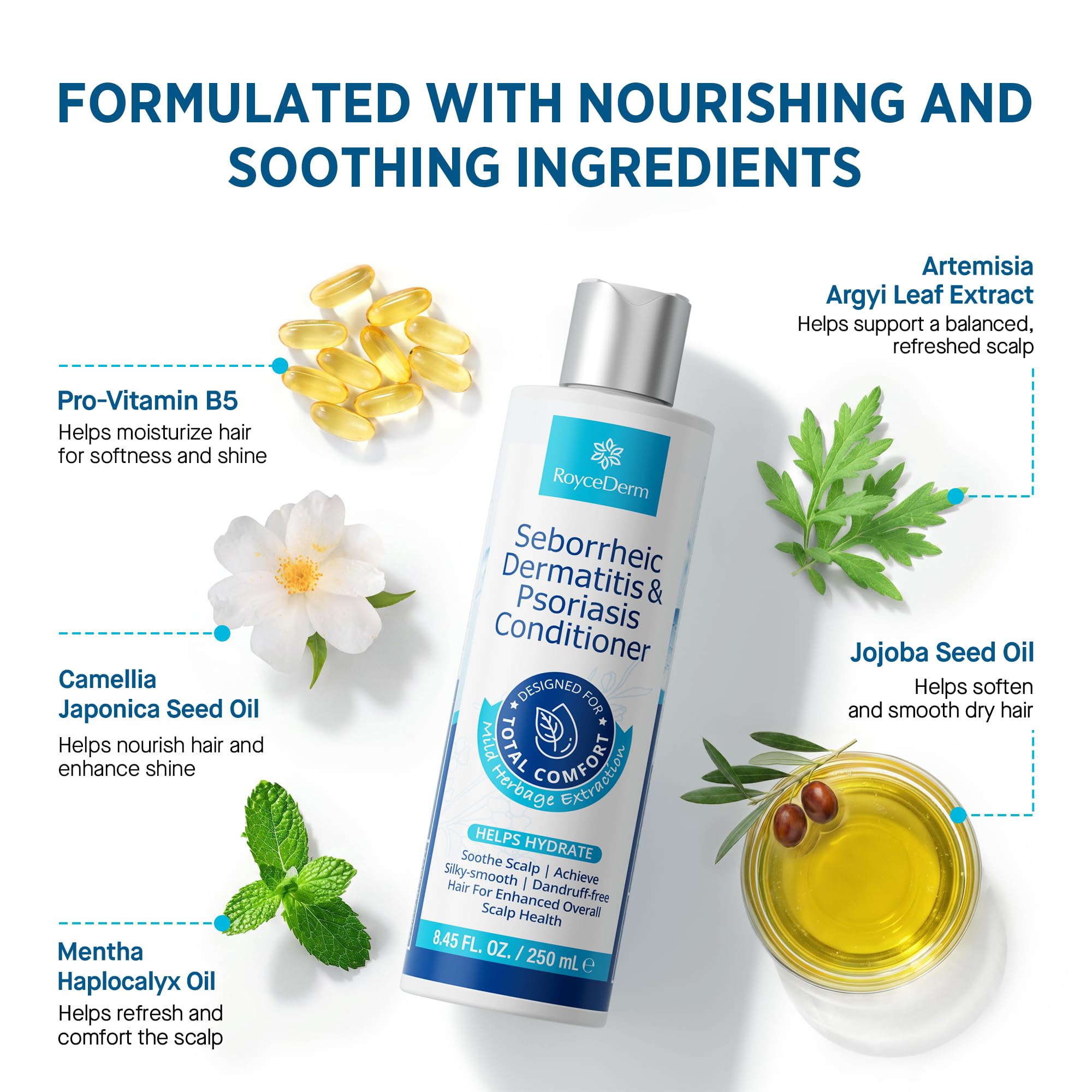 Roycederm bottle label ingredients view showing herbal components for balance