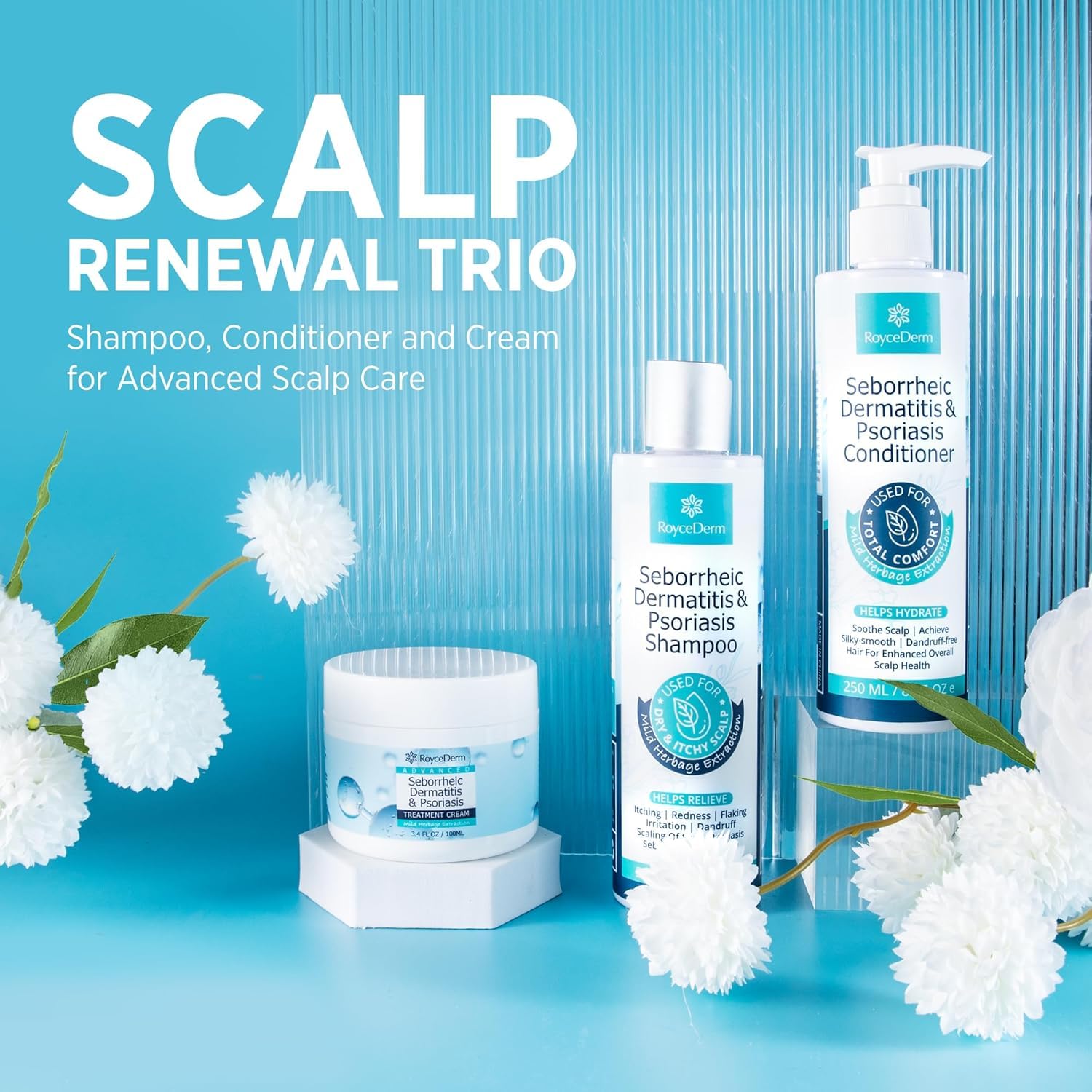 Roycederm bottle beside conditioner indicating routine scalp care pairing