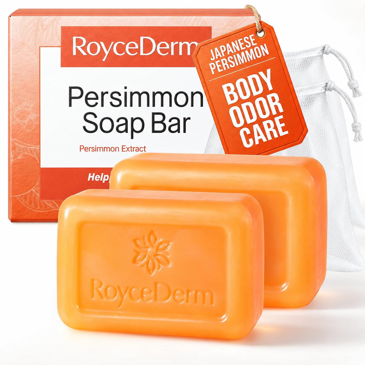 Roycederm front packaging showing two persimmon soap bars and benefits