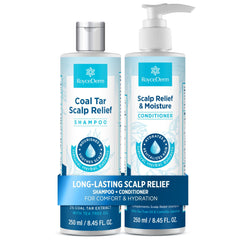 Roycederm front packaging of shampoo and conditioner showing full set and relief benefits