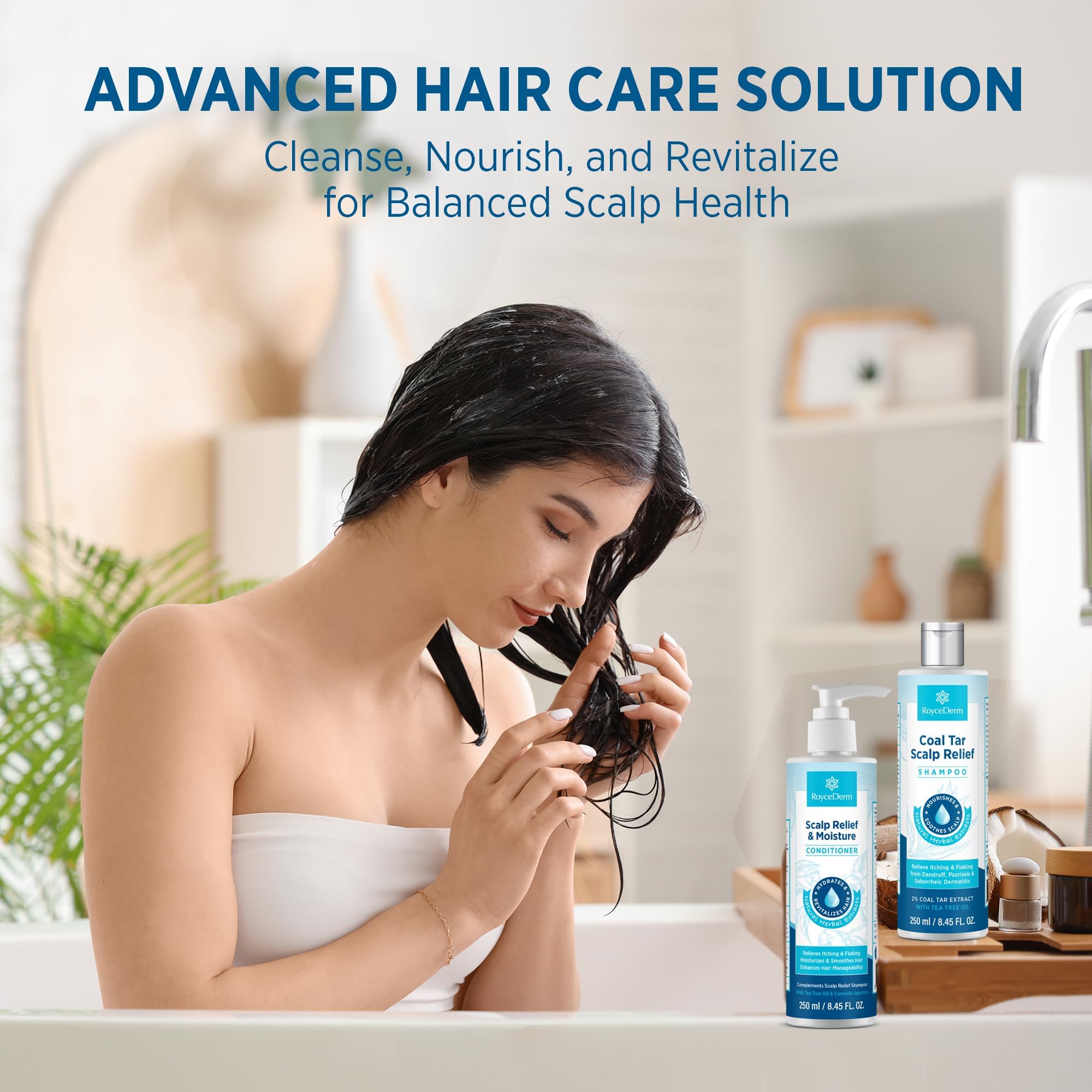 Roycederm shampoo in use massaging scalp to help reduce itching and visible flakes