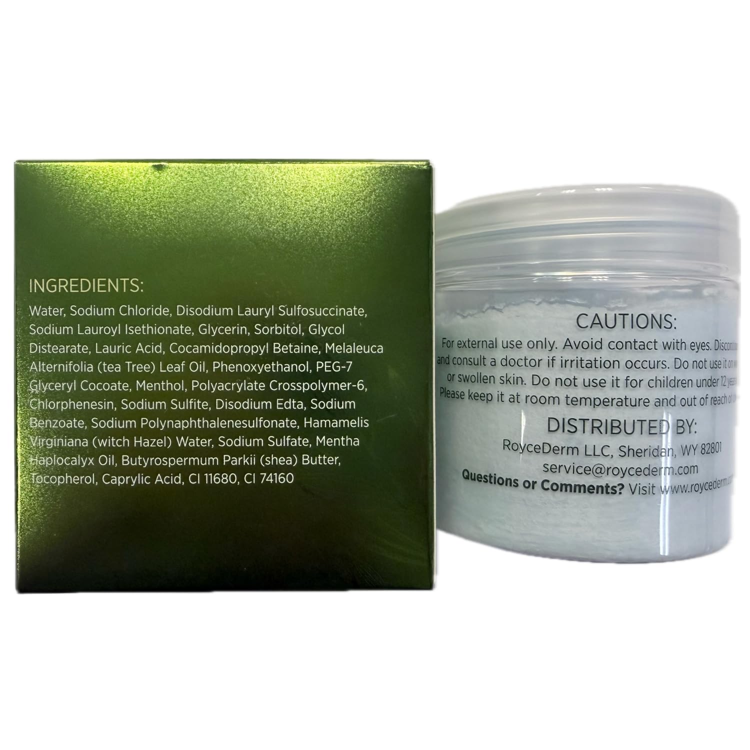 Roycederm jar open revealing cream-scrub consistency that exfoliates without over-drying