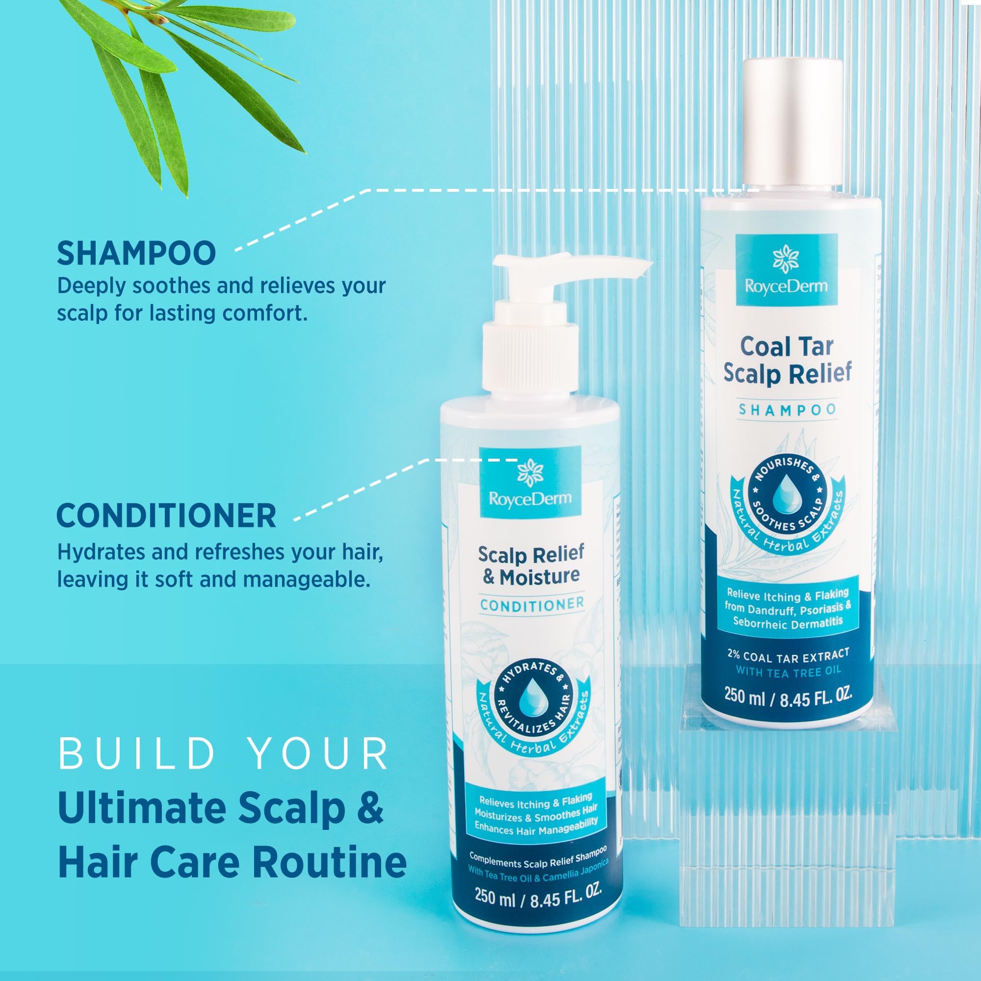 Roycederm set on a bathroom shelf lifestyle shot conveying clinical strength with natural care