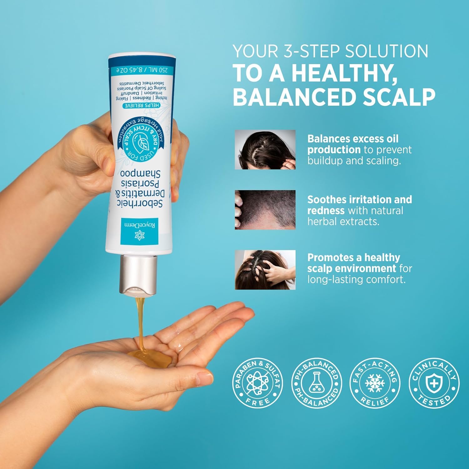Roycederm applying shampoo to scalp illustrating controlled targeted use