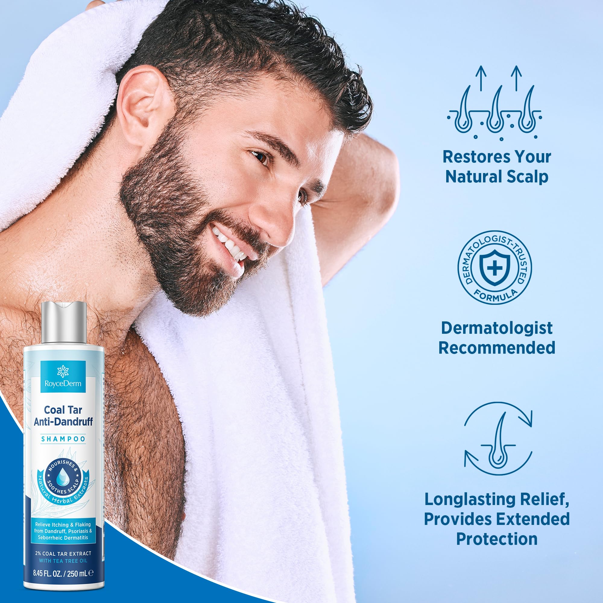 Apply RoyceDerm directly to scalp showing targeted relief and precision benefit