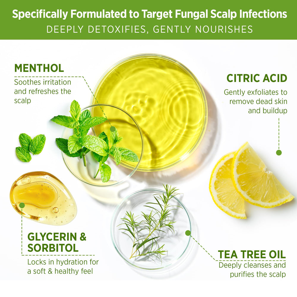 Roycederm scrub in hand being applied to scalp for refreshed, balanced feel