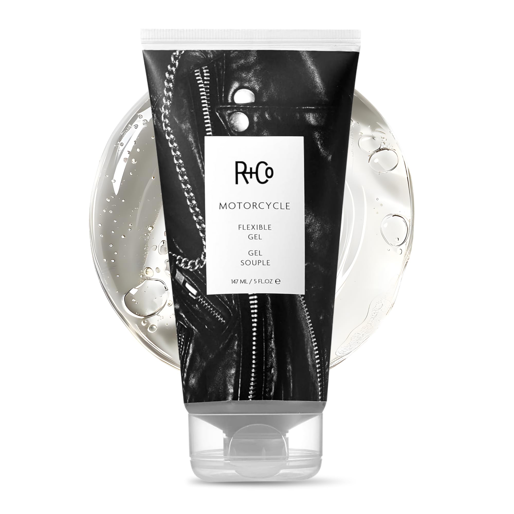 R+Co MOTORCYCLE front jar showing clean packaging and benefit of flexible hold