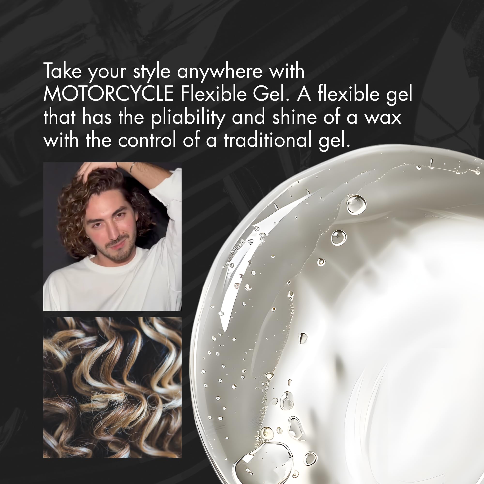 R+Co MOTORCYCLE gel texture close-up highlighting smooth shine and pliability