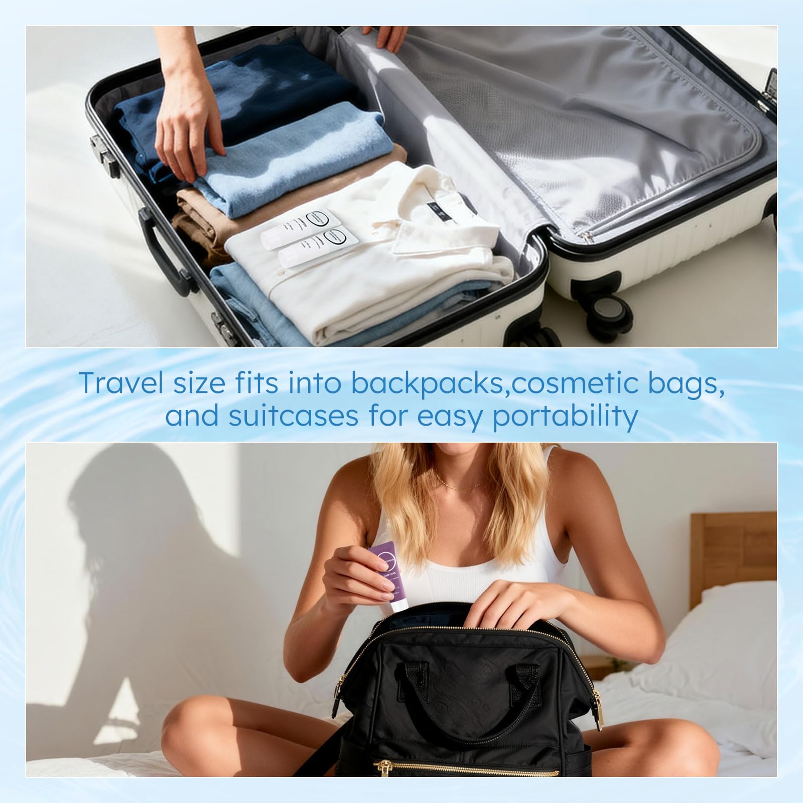RSQAZQ tubes inside a toiletry bag illustrating easy packing